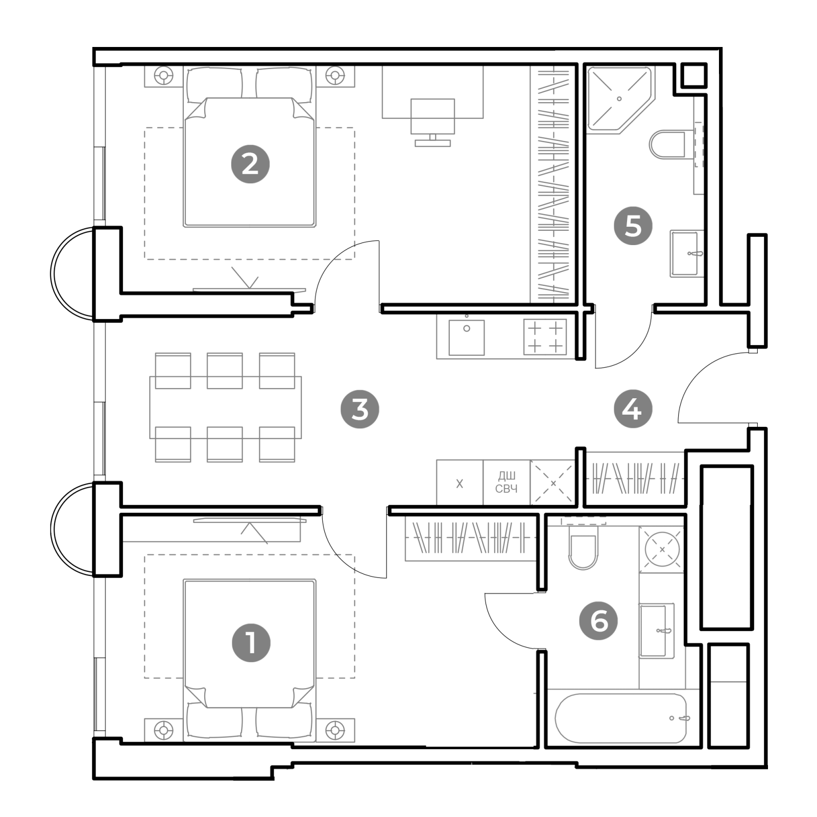 Планировка: 2-комнатная квартира, 65,2 м²