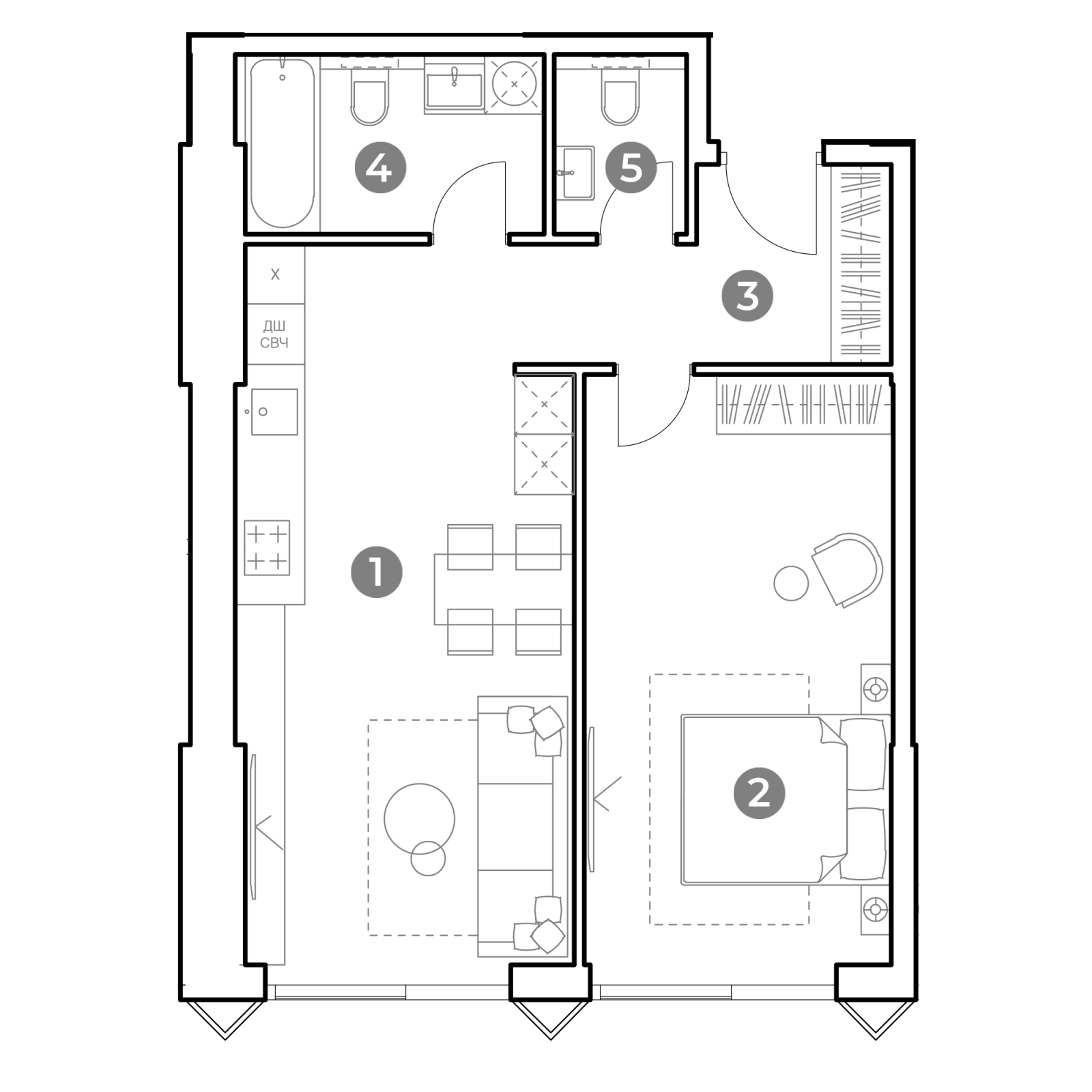 Планировка: 2-комнатная квартира, 57,1 м²