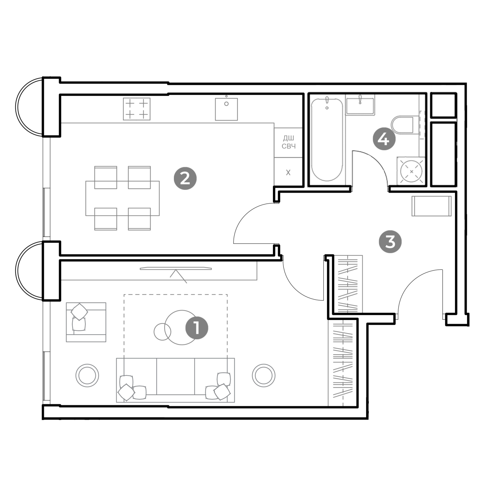 Планировка: 1-комнатная квартира, 46,8 м²