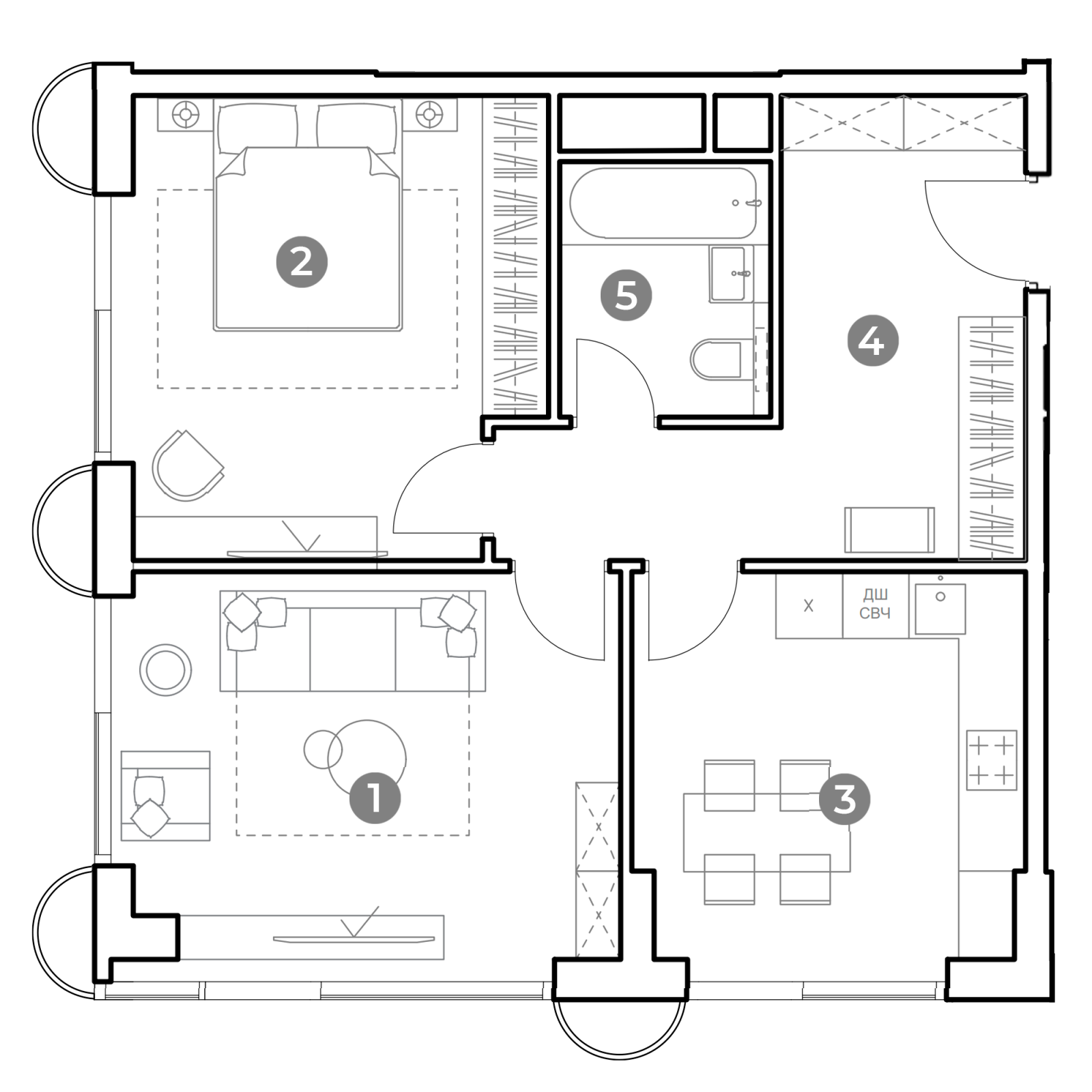 Планировка: 2-комнатная квартира, 59,5 м²