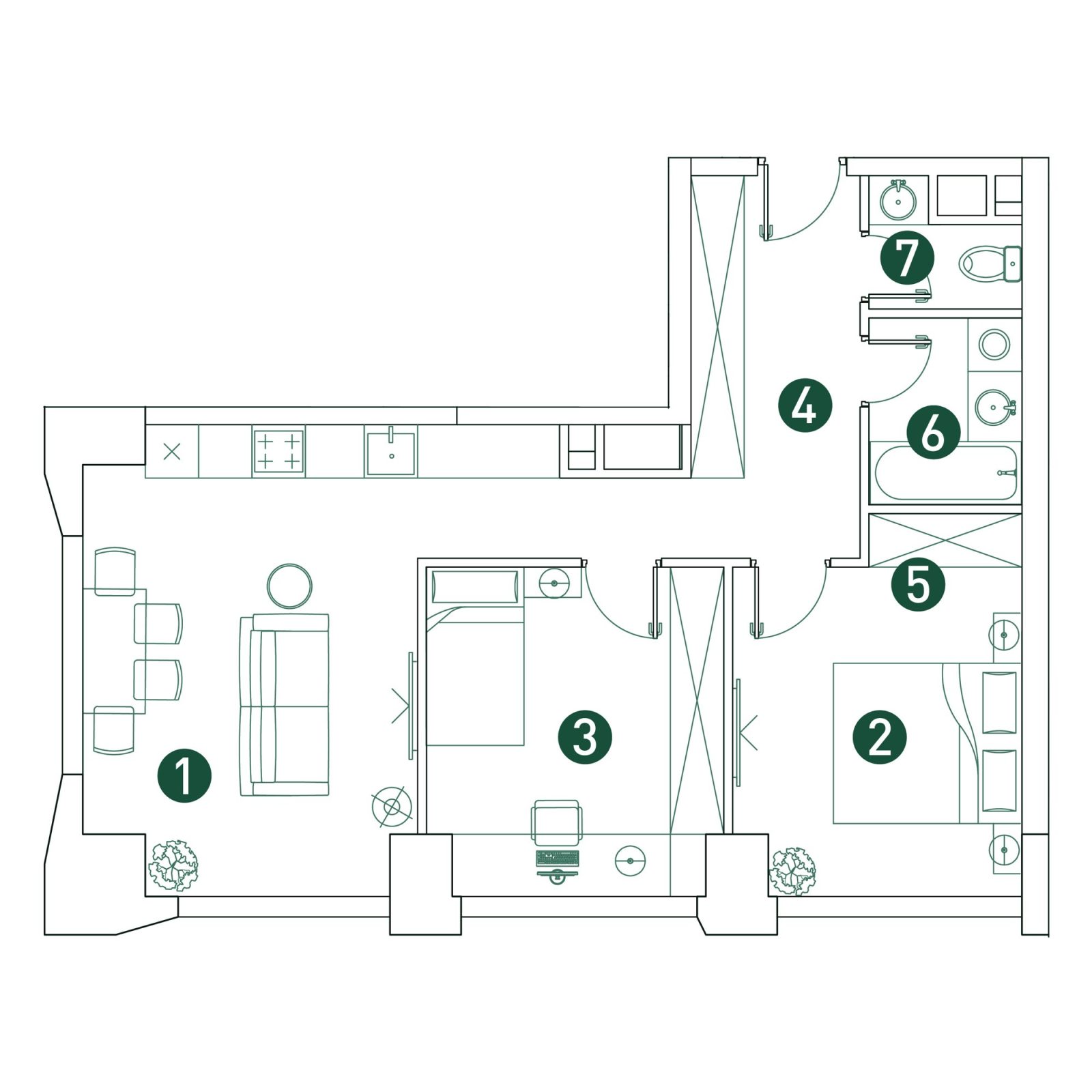 Планировка: 3-комнатная квартира, 61,4 м²