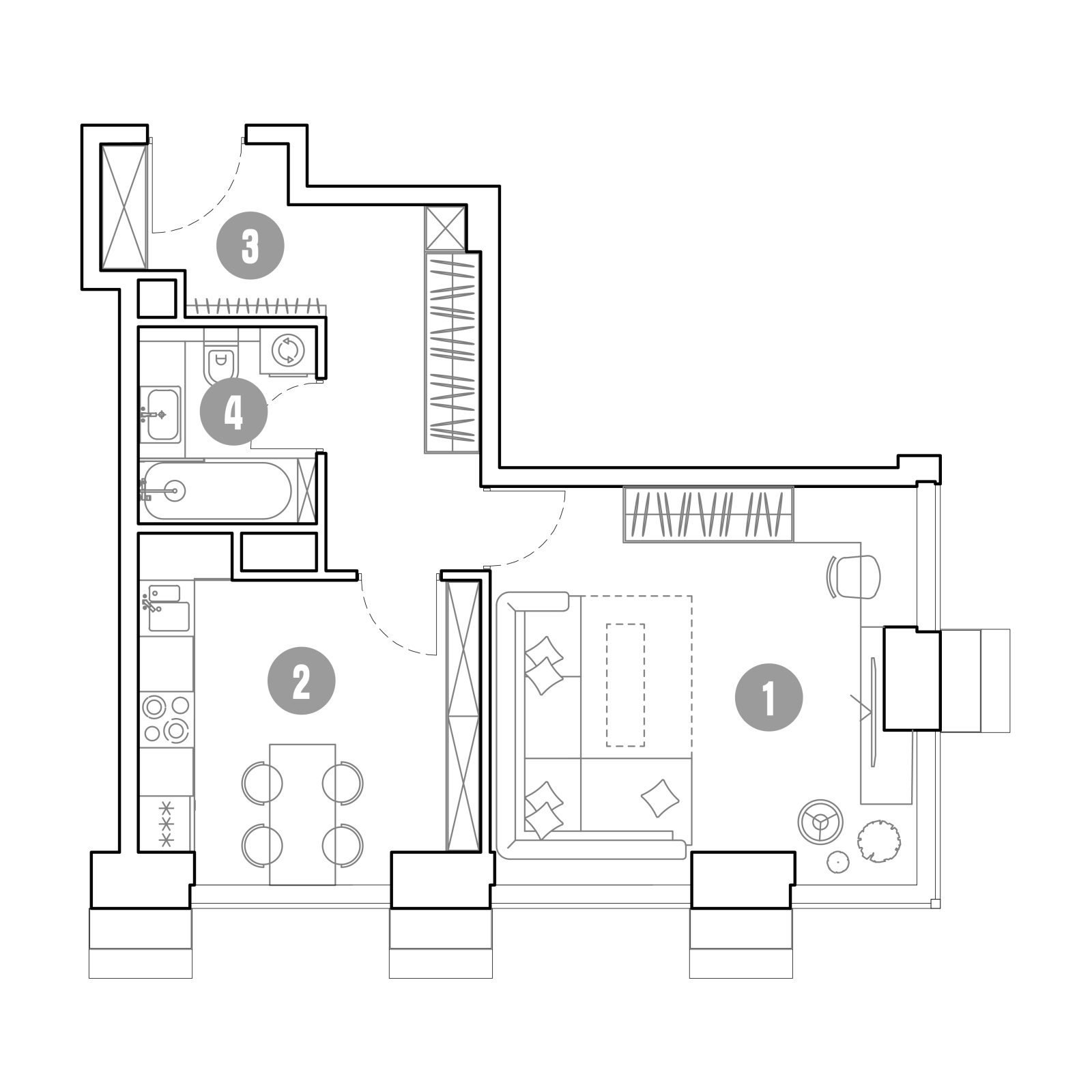 Планировка: 1-комнатная квартира, 44,5 м²