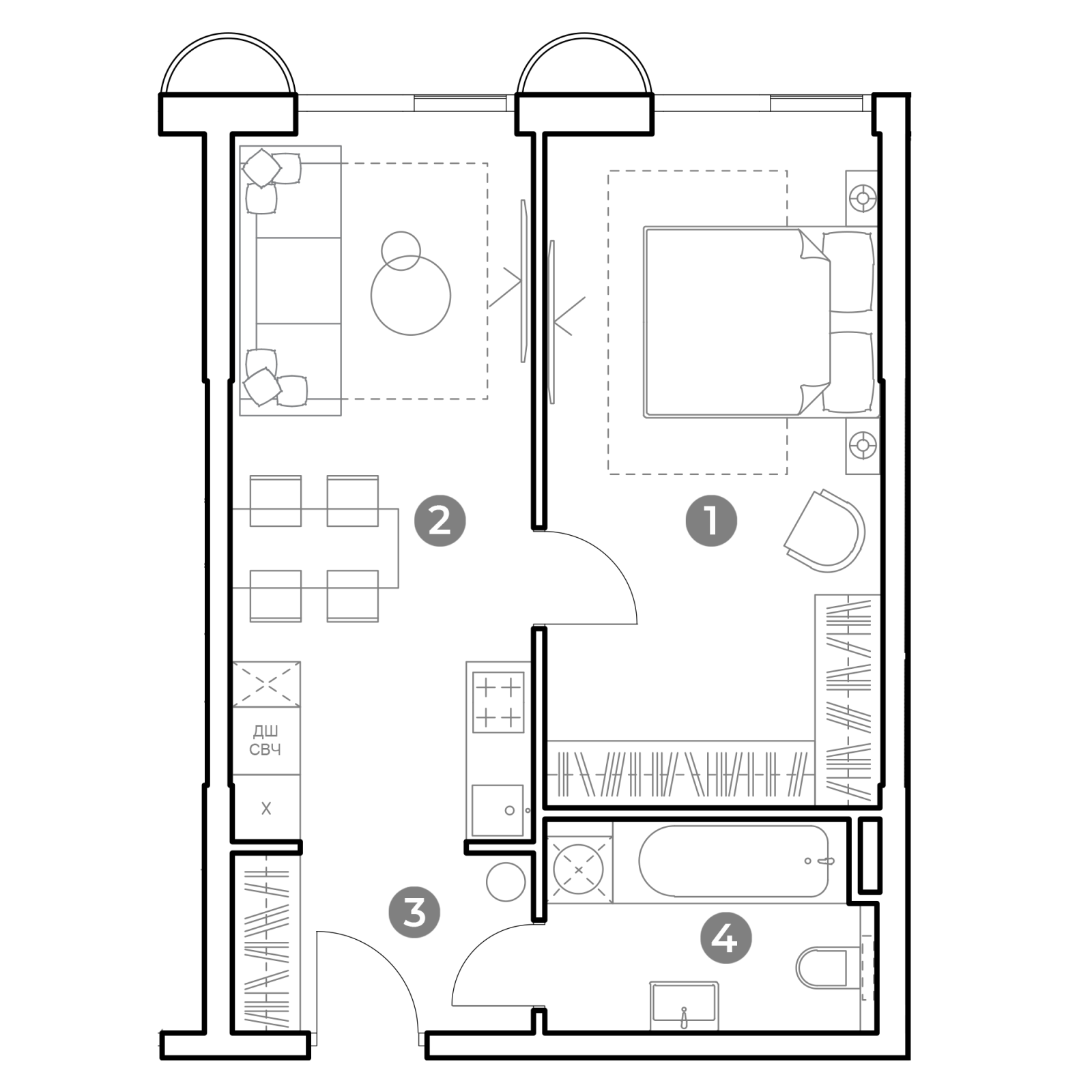 Планировка: 1-комнатная квартира, 44,4 м²