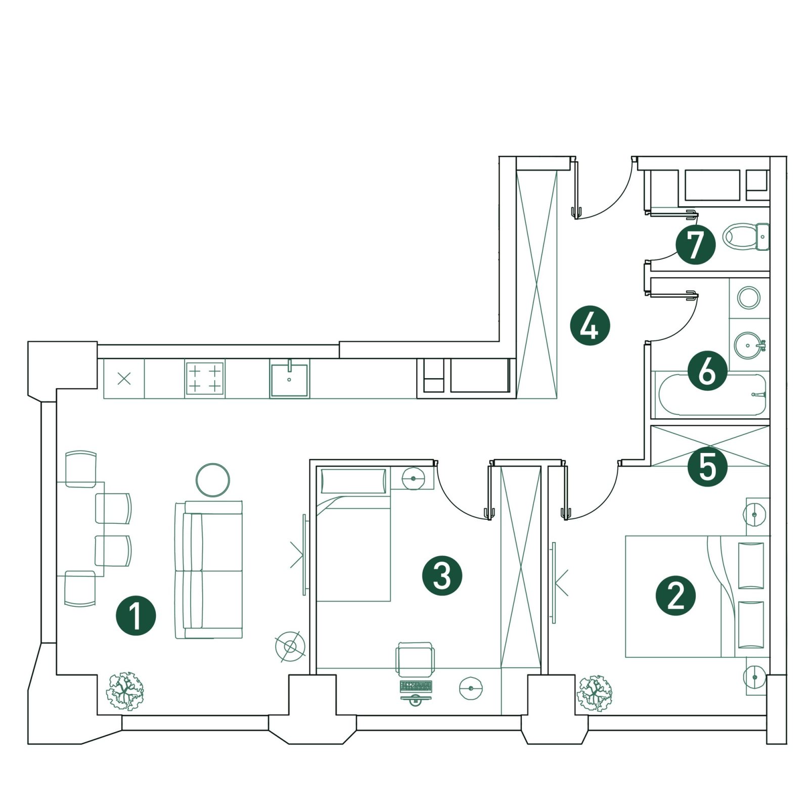 Планировка: 3-комнатная квартира, 61,6 м²