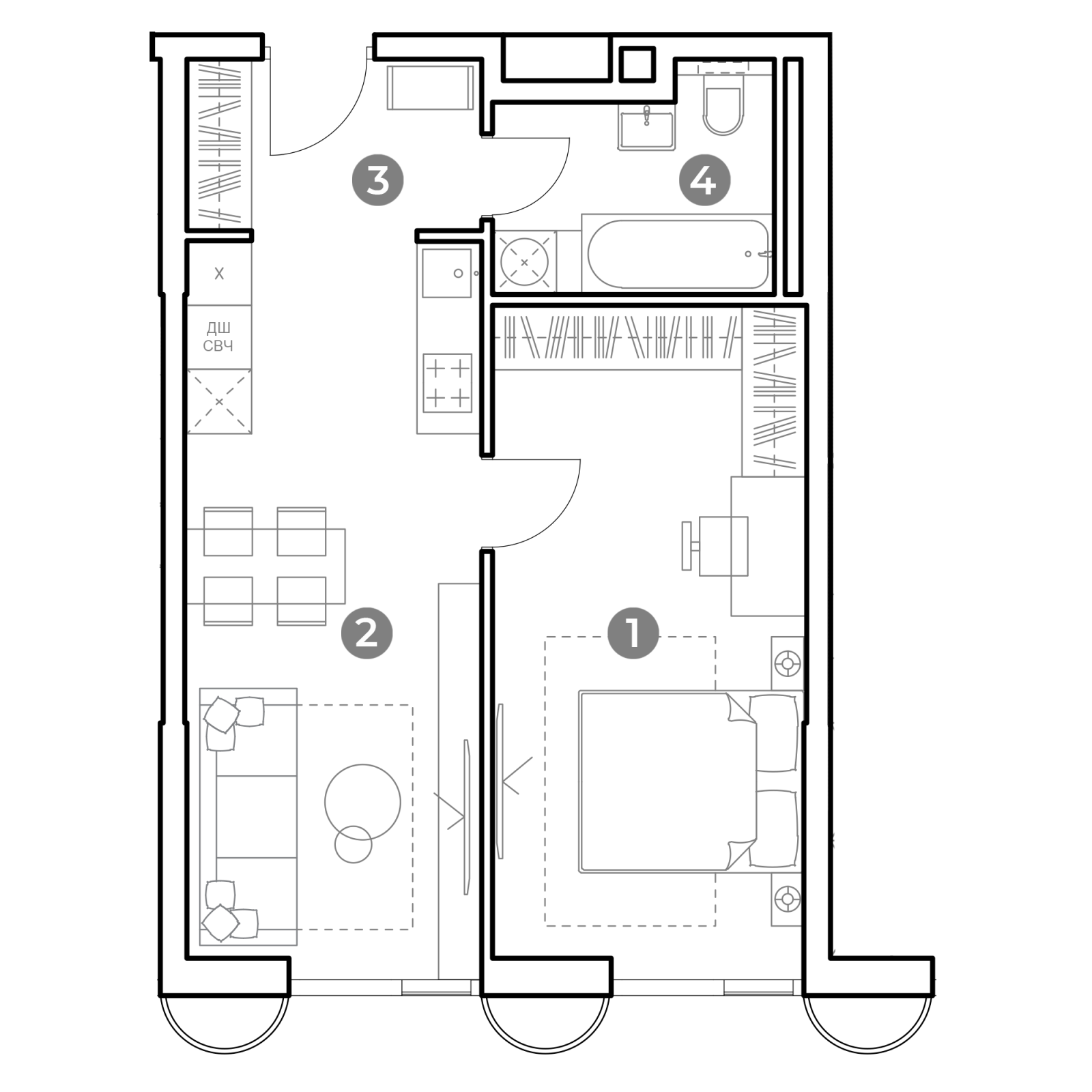 Планировка: 1-комнатная квартира, 45,9 м²