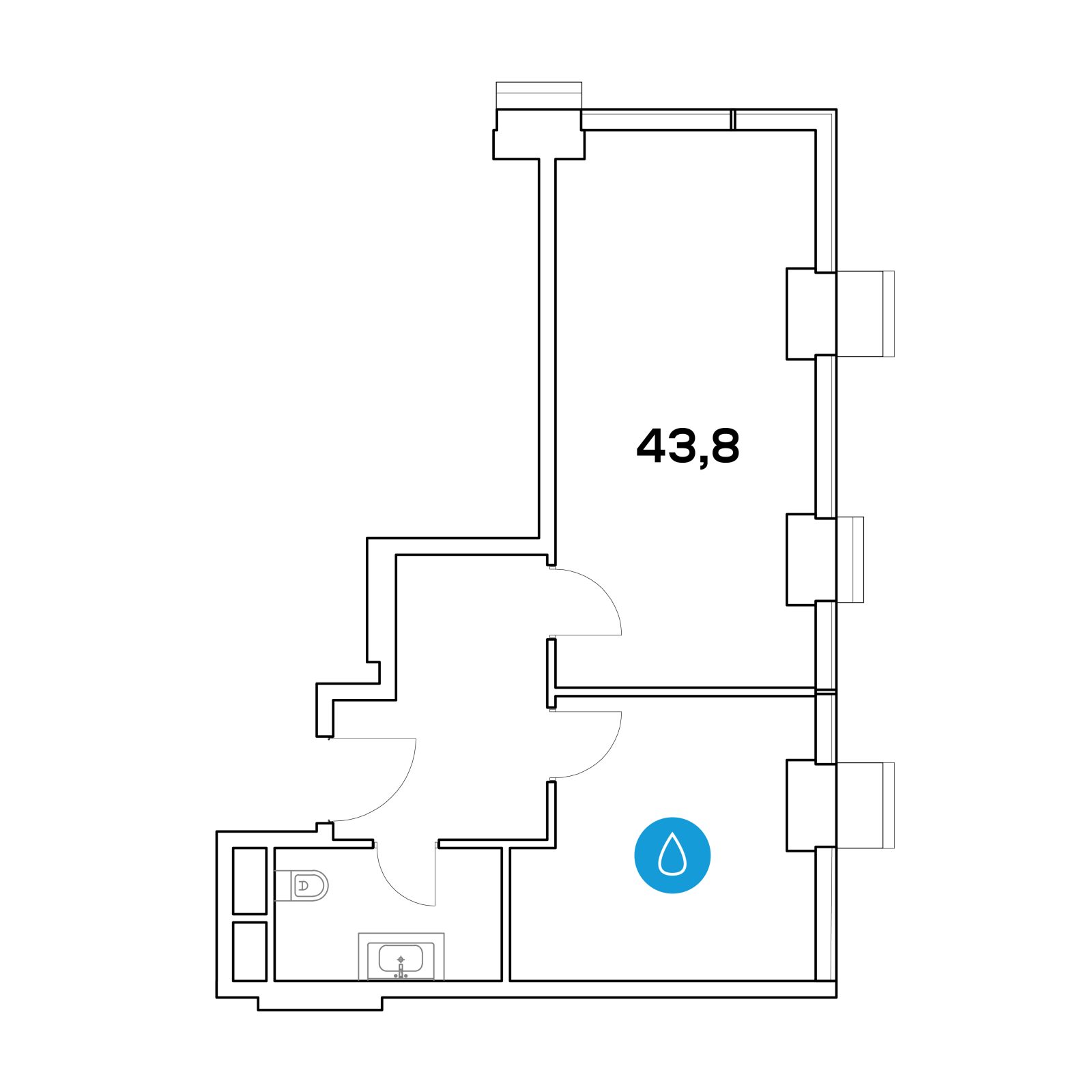 Планировка: 1-комнатная квартира, 43,8 м²