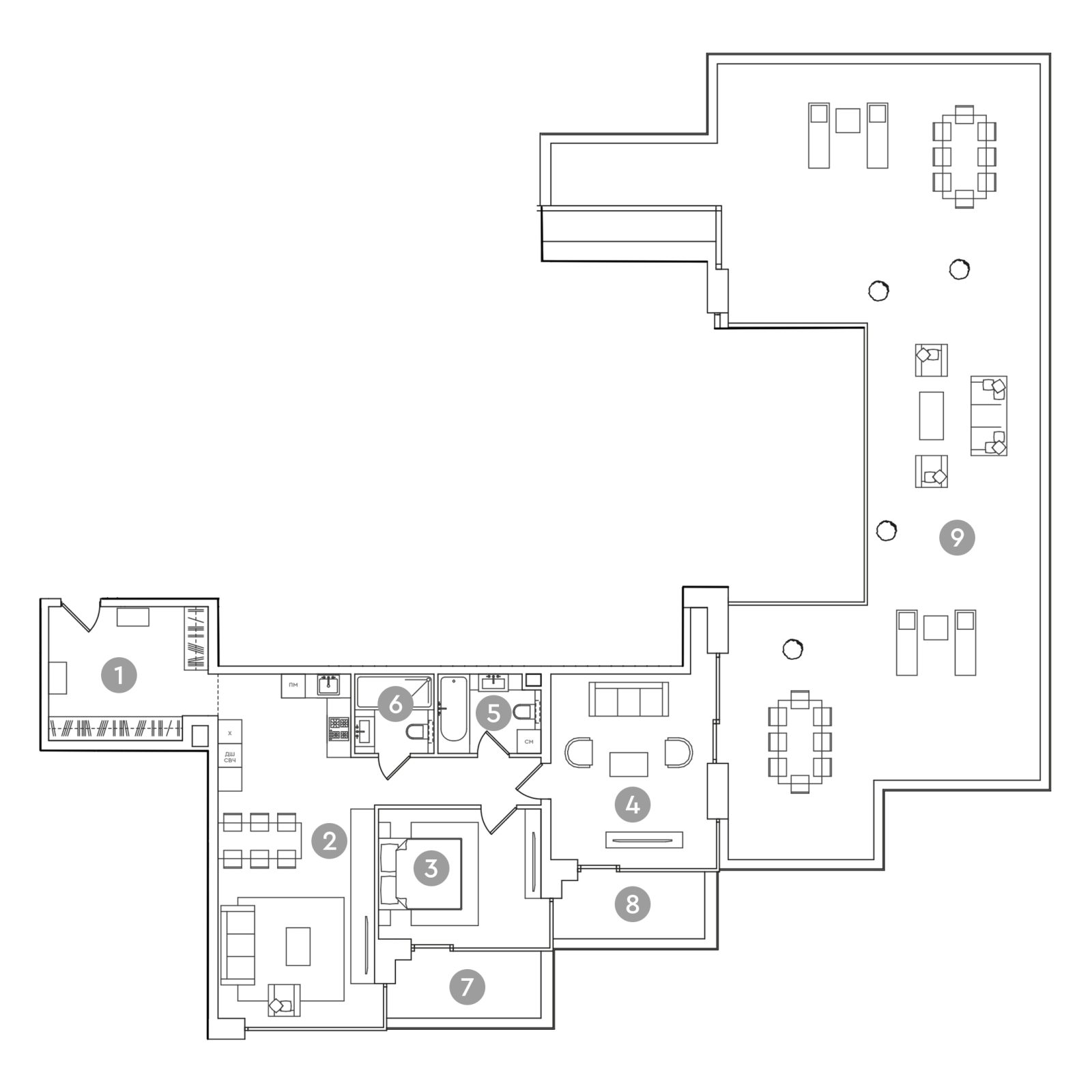 Планировка: 3-комнатная квартира, 254,1 м²