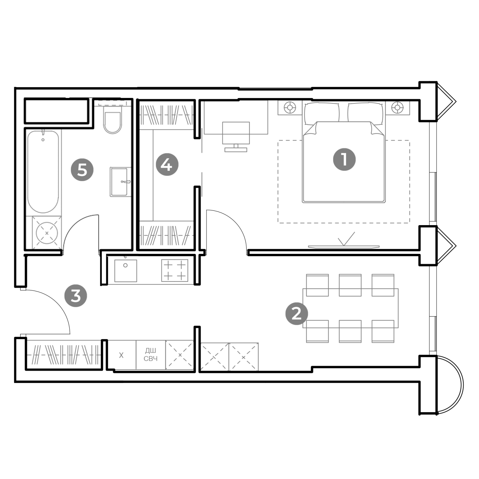 Планировка: 1-комнатная квартира, 43,4 м²