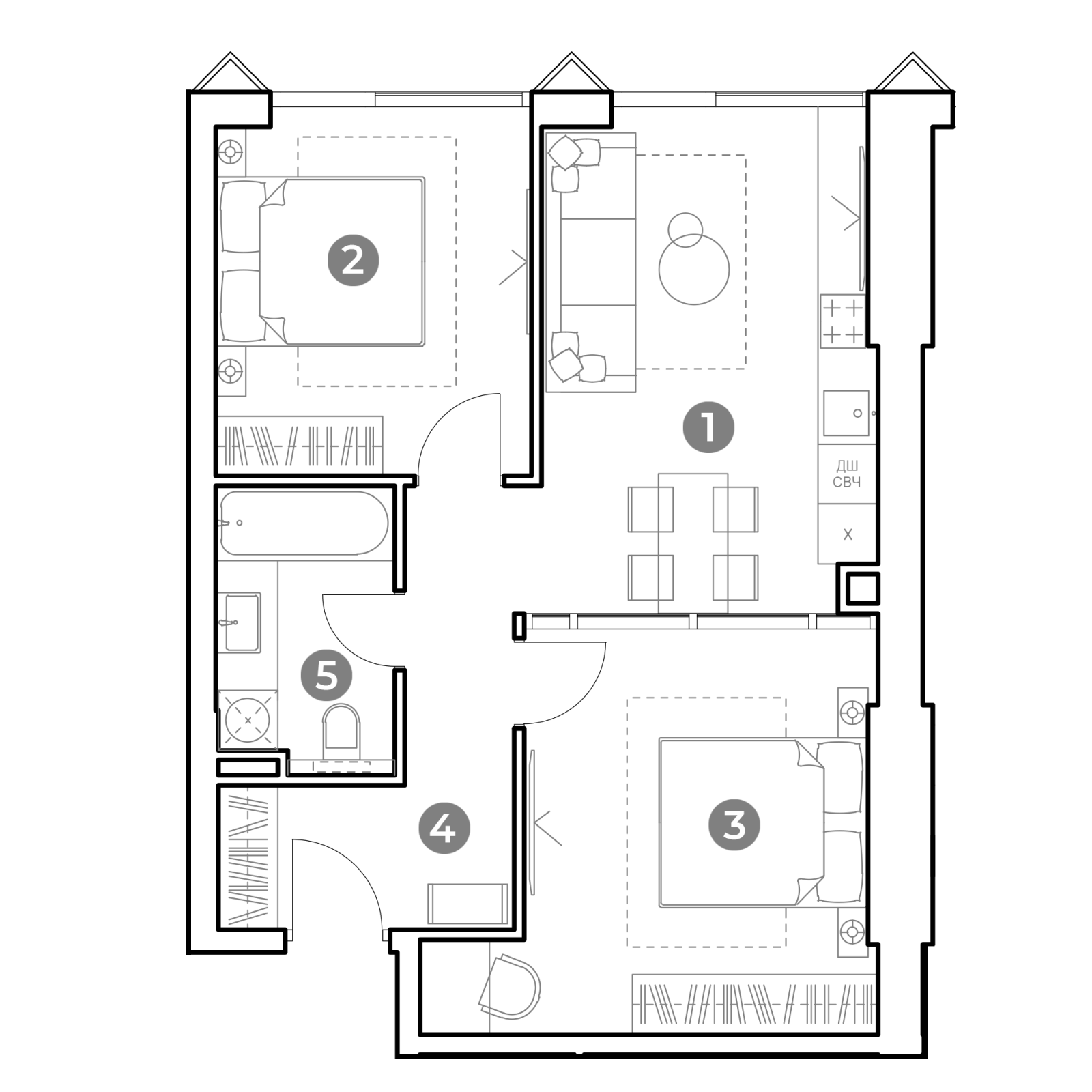 Планировка: 3-комнатная квартира, 57,7 м²