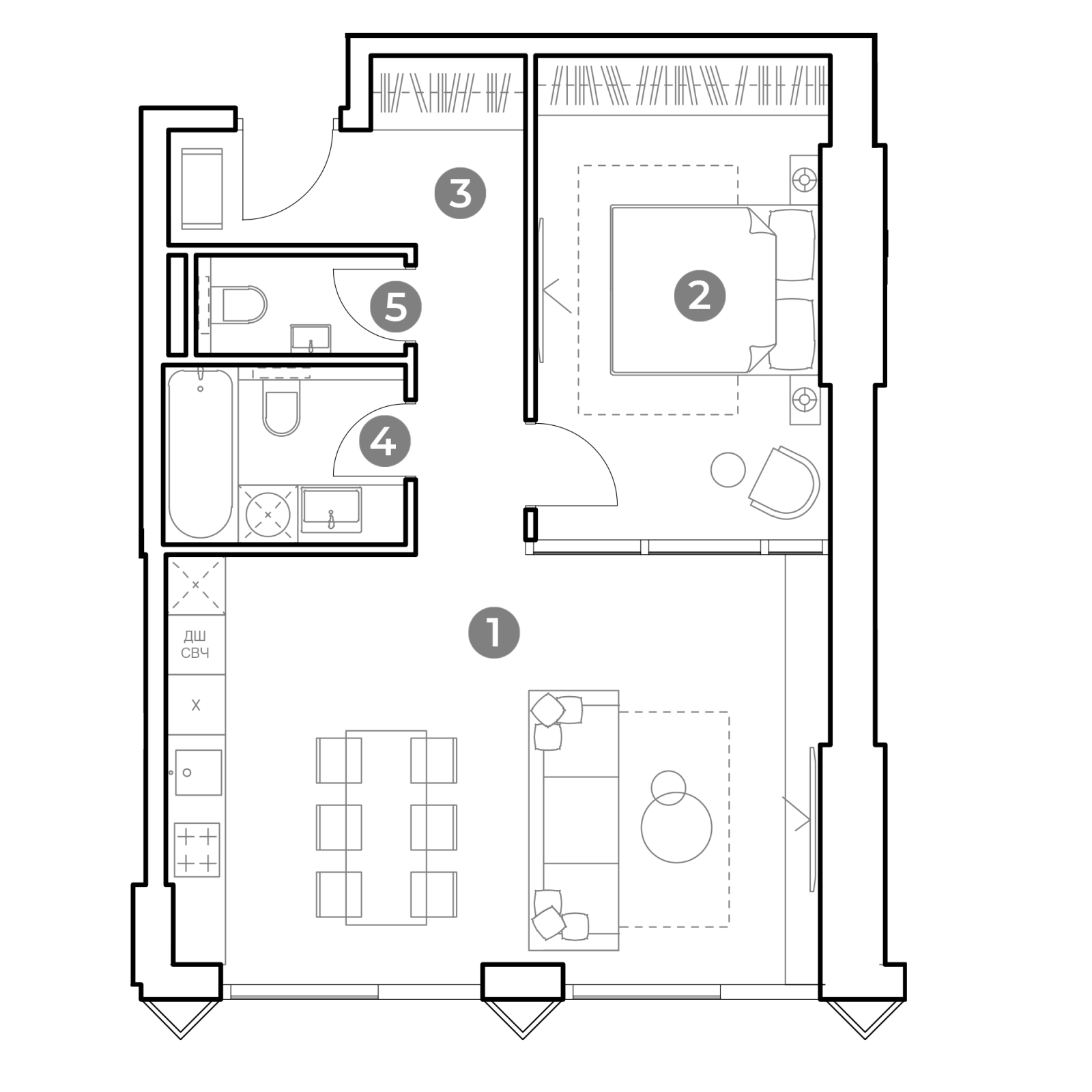Планировка: 2-комнатная квартира, 58,4 м²