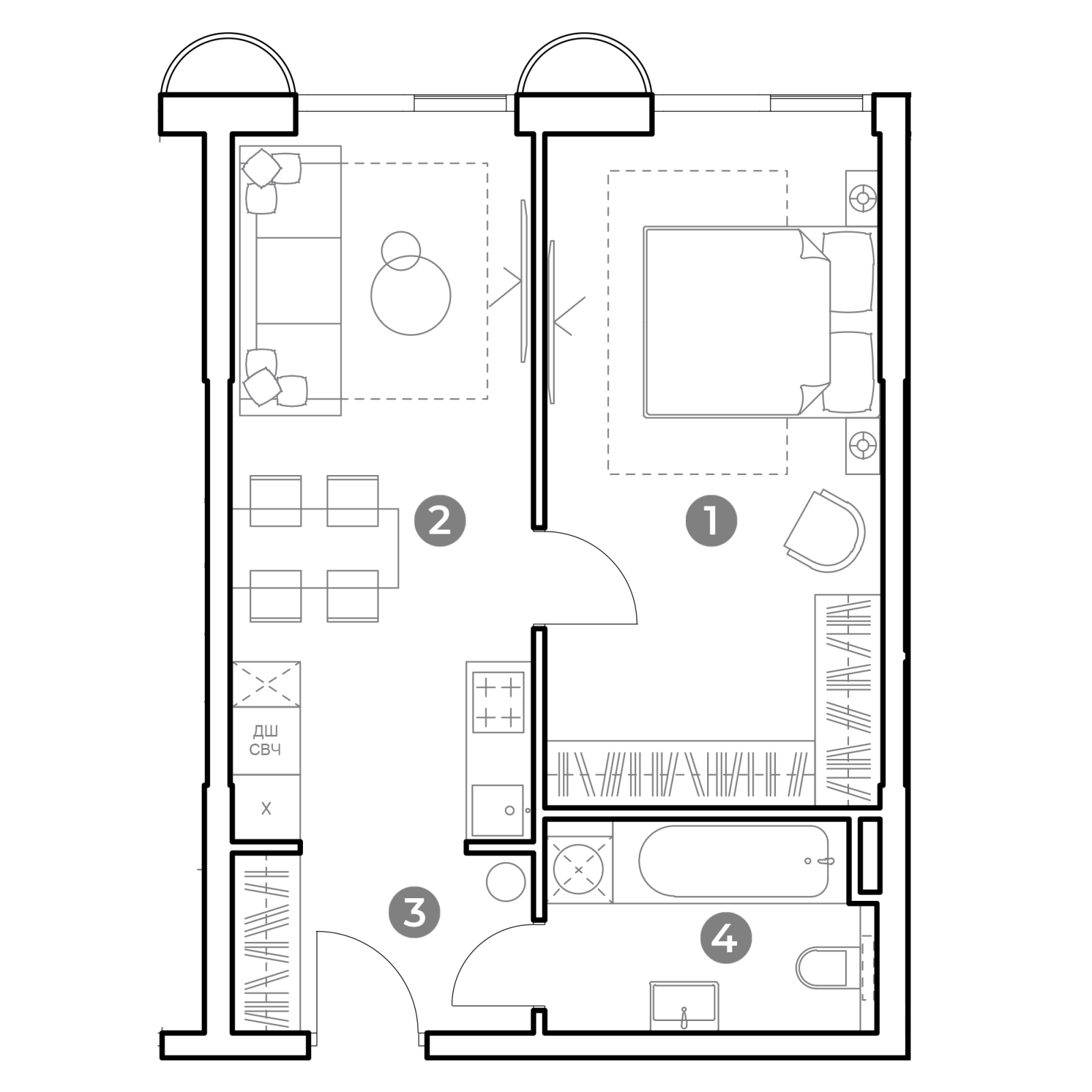 Планировка: 1-комнатная квартира, 45,5 м²