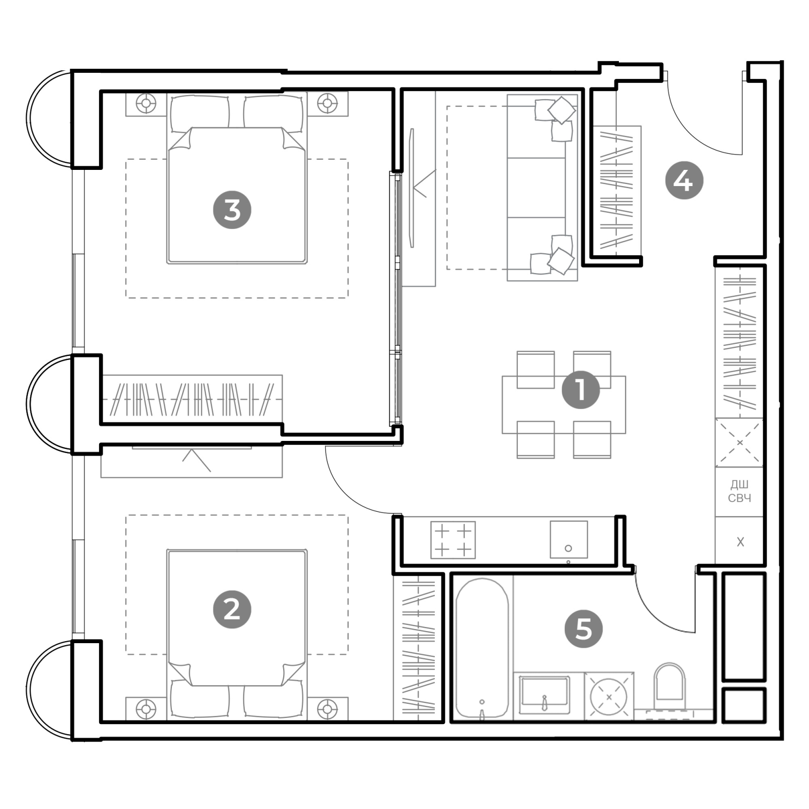 Планировка: 3-комнатная квартира, 59,9 м²