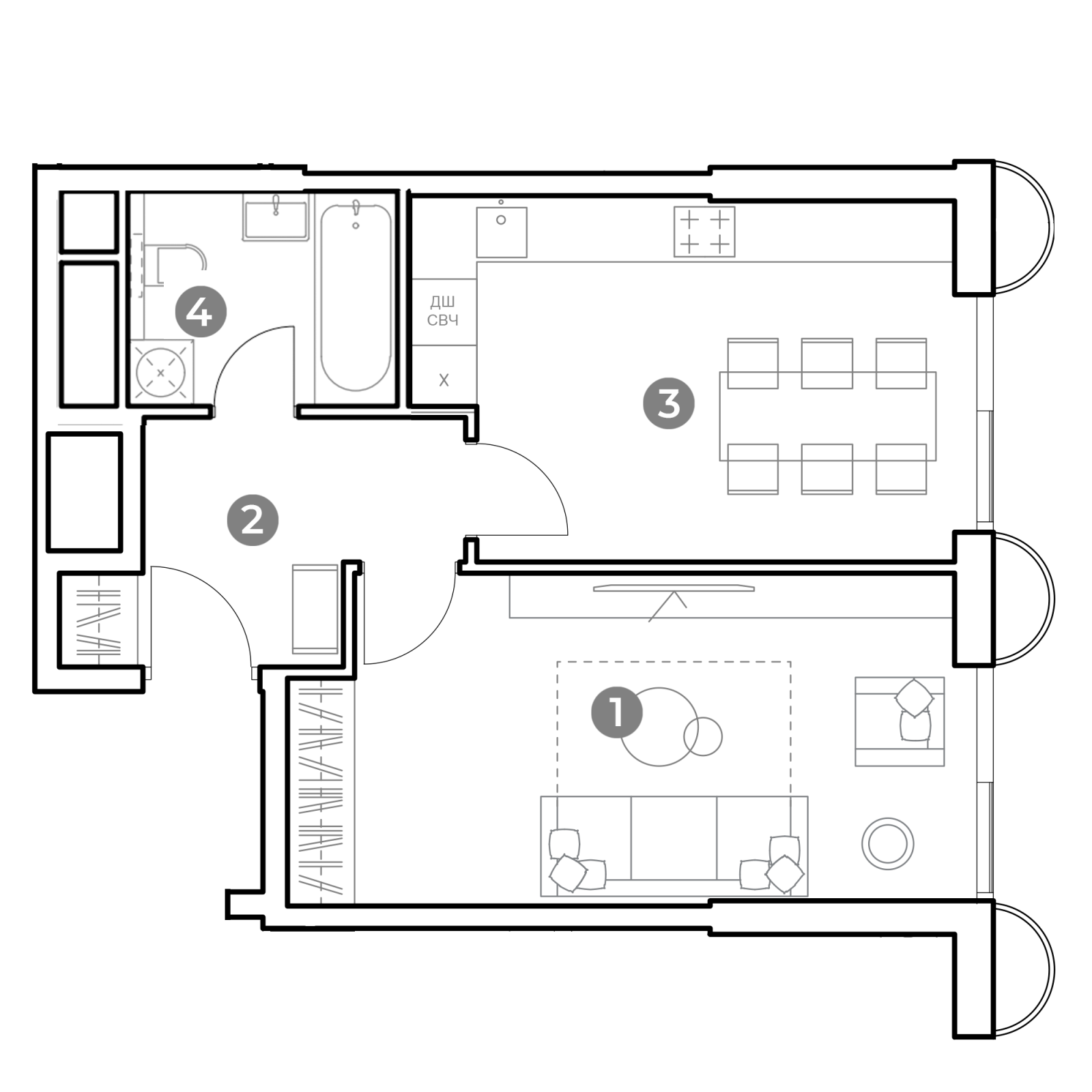Планировка: 1-комнатная квартира, 44,8 м²