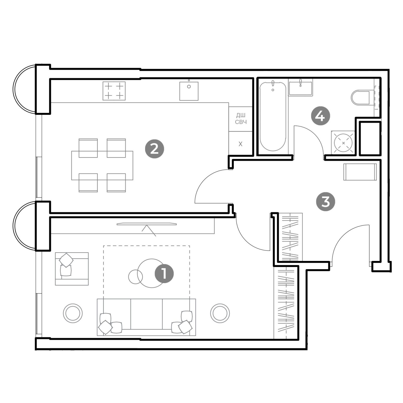 Планировка: 1-комнатная квартира, 46,5 м²