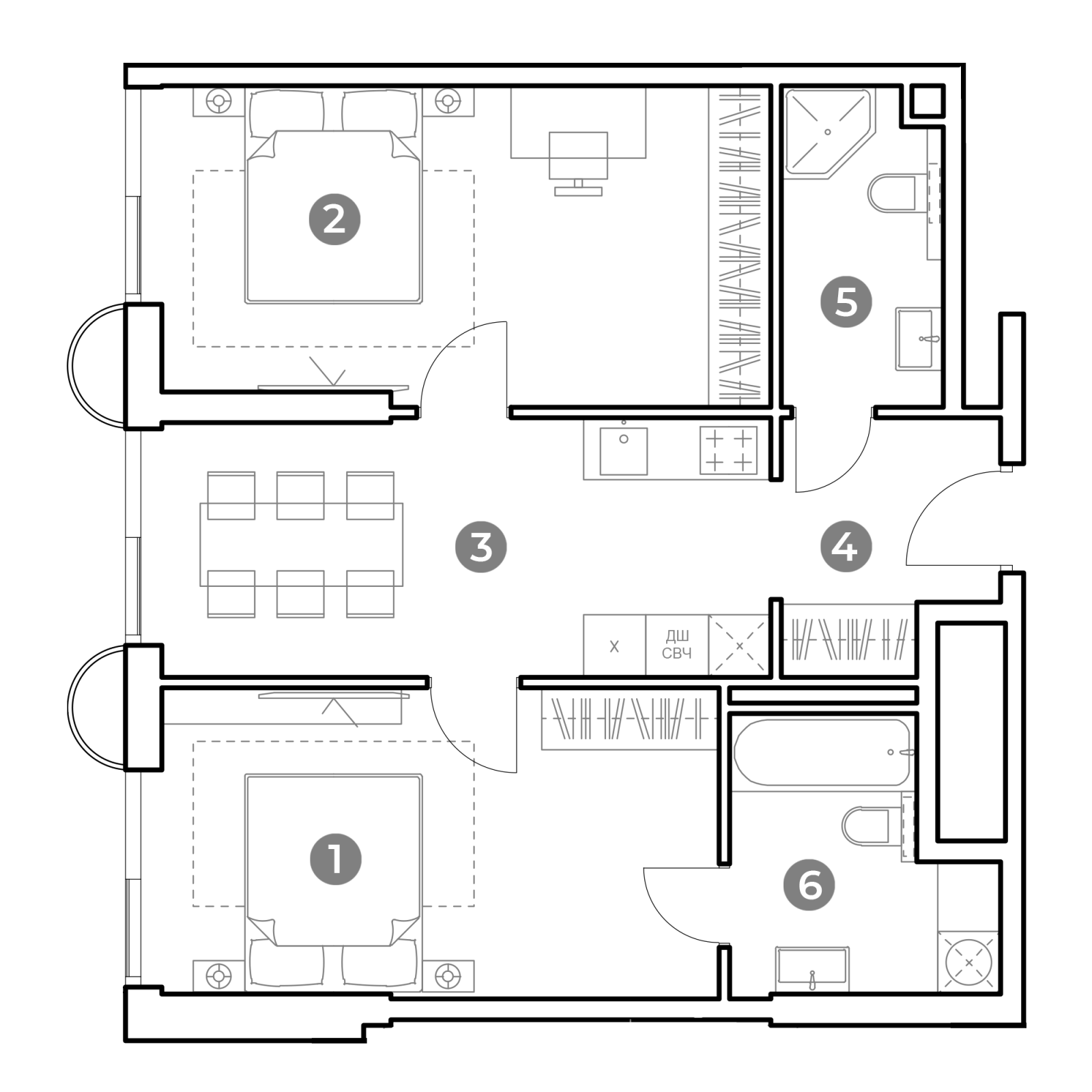 Планировка: 2-комнатная квартира, 65,5 м²