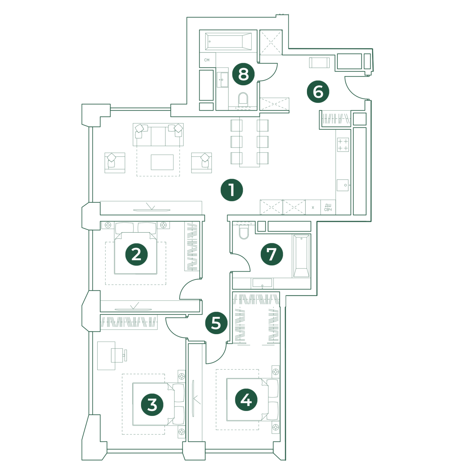 Планировка: 4-комнатная квартира, 122,6 м²