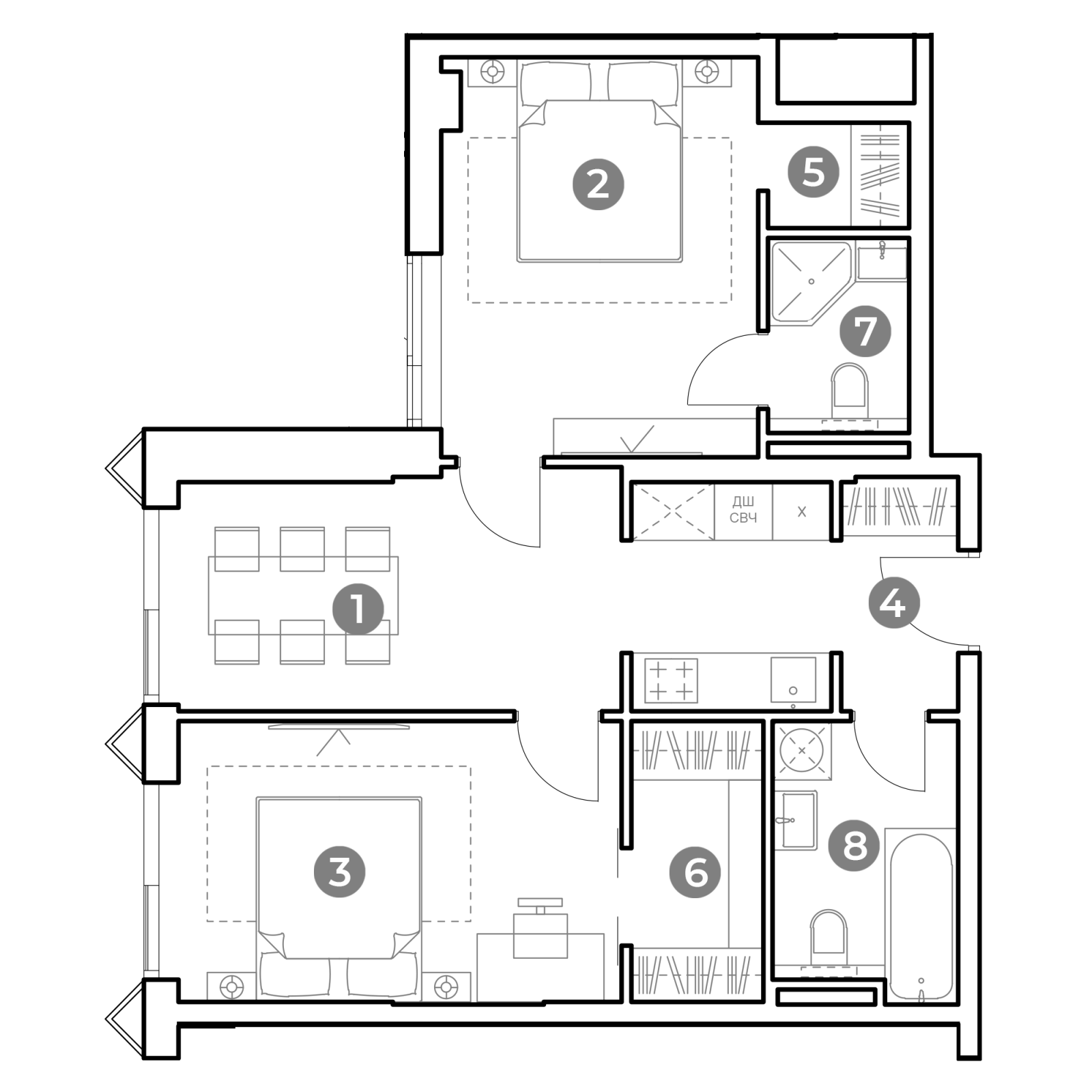 Планировка: 3-комнатная квартира, 61,1 м²
