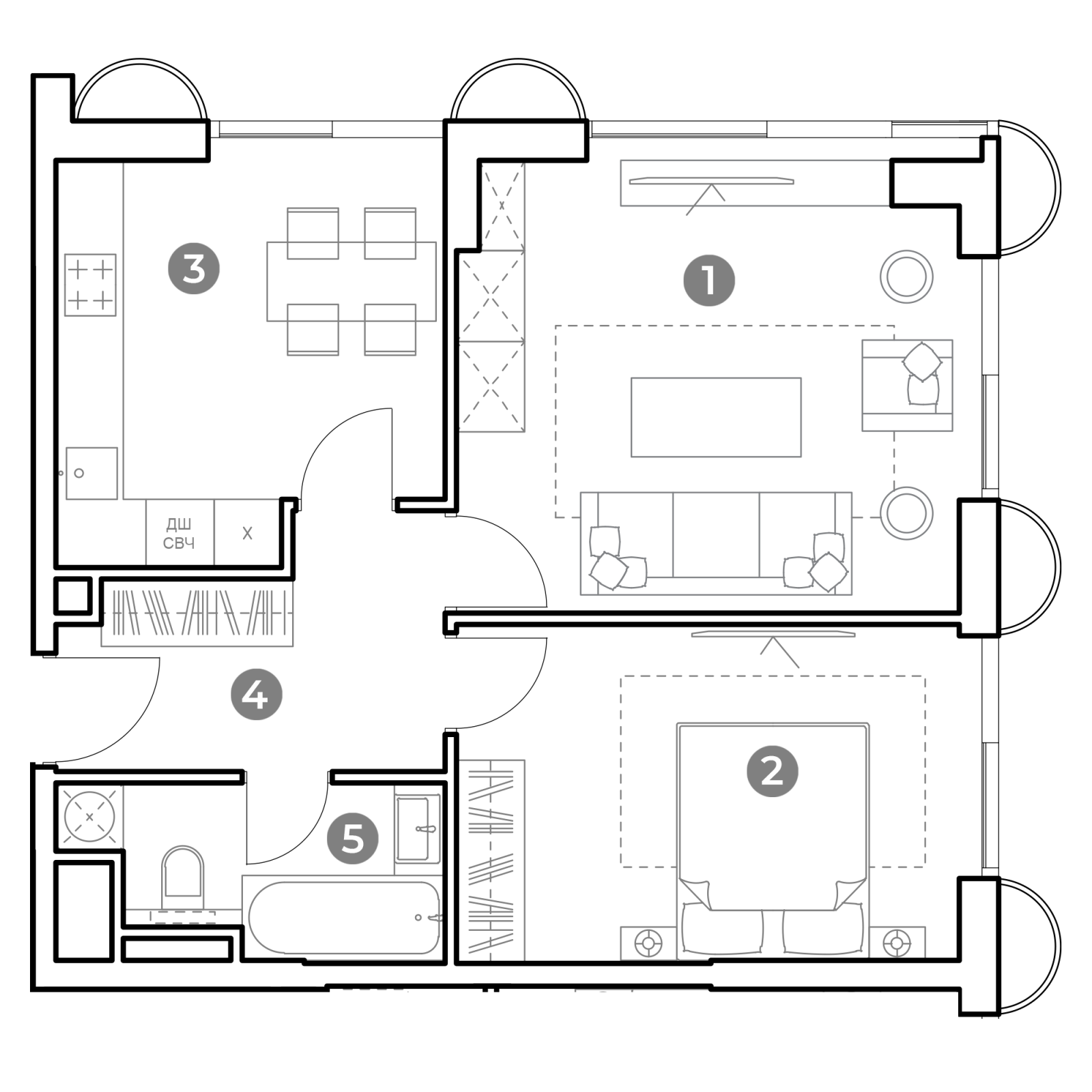 Планировка: 2-комнатная квартира, 55,7 м²