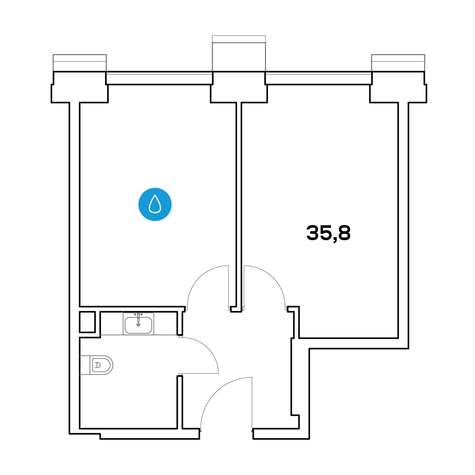 Планировка: 1-комнатная квартира, 35,8 м²