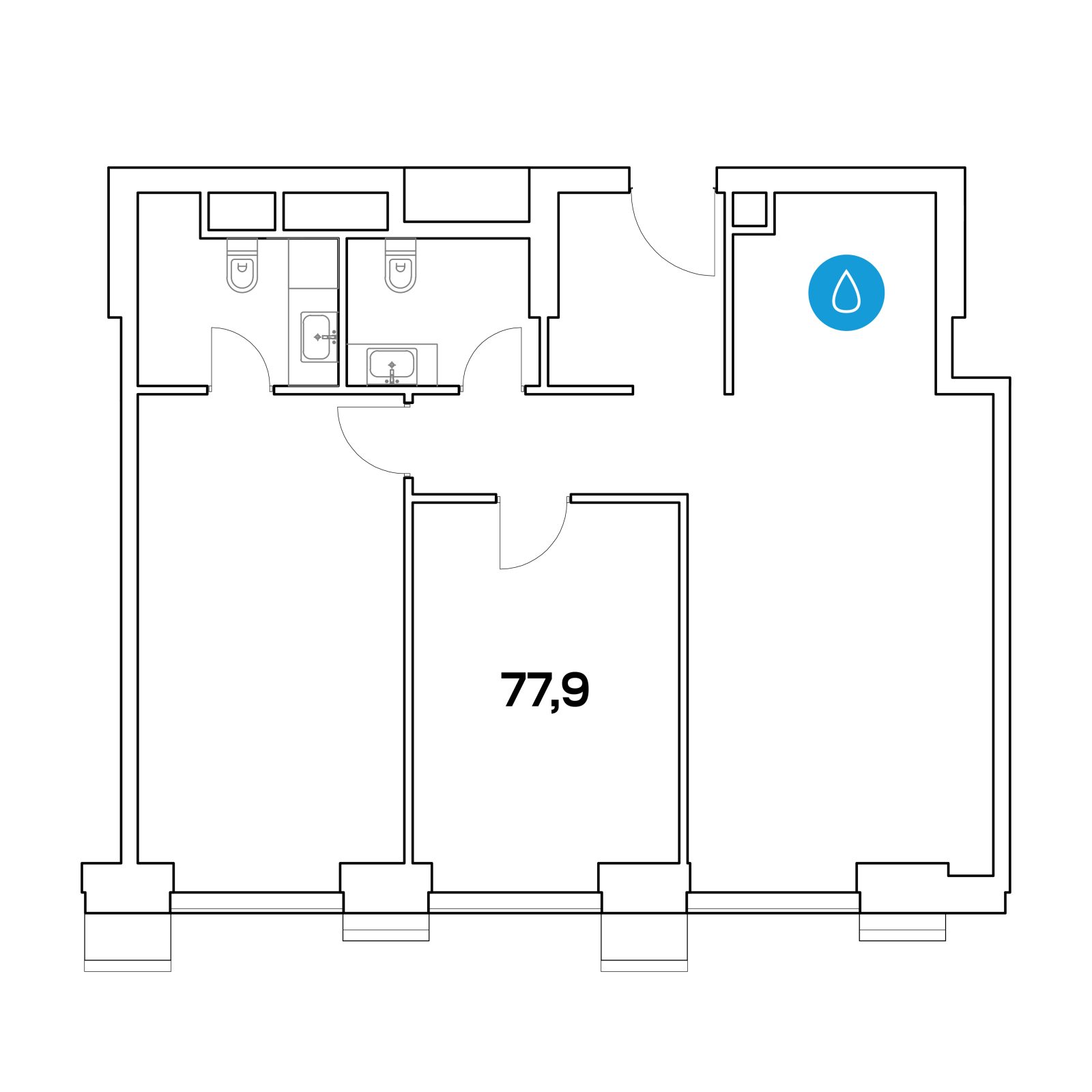 Планировка: 3-комнатная квартира, 77,9 м²