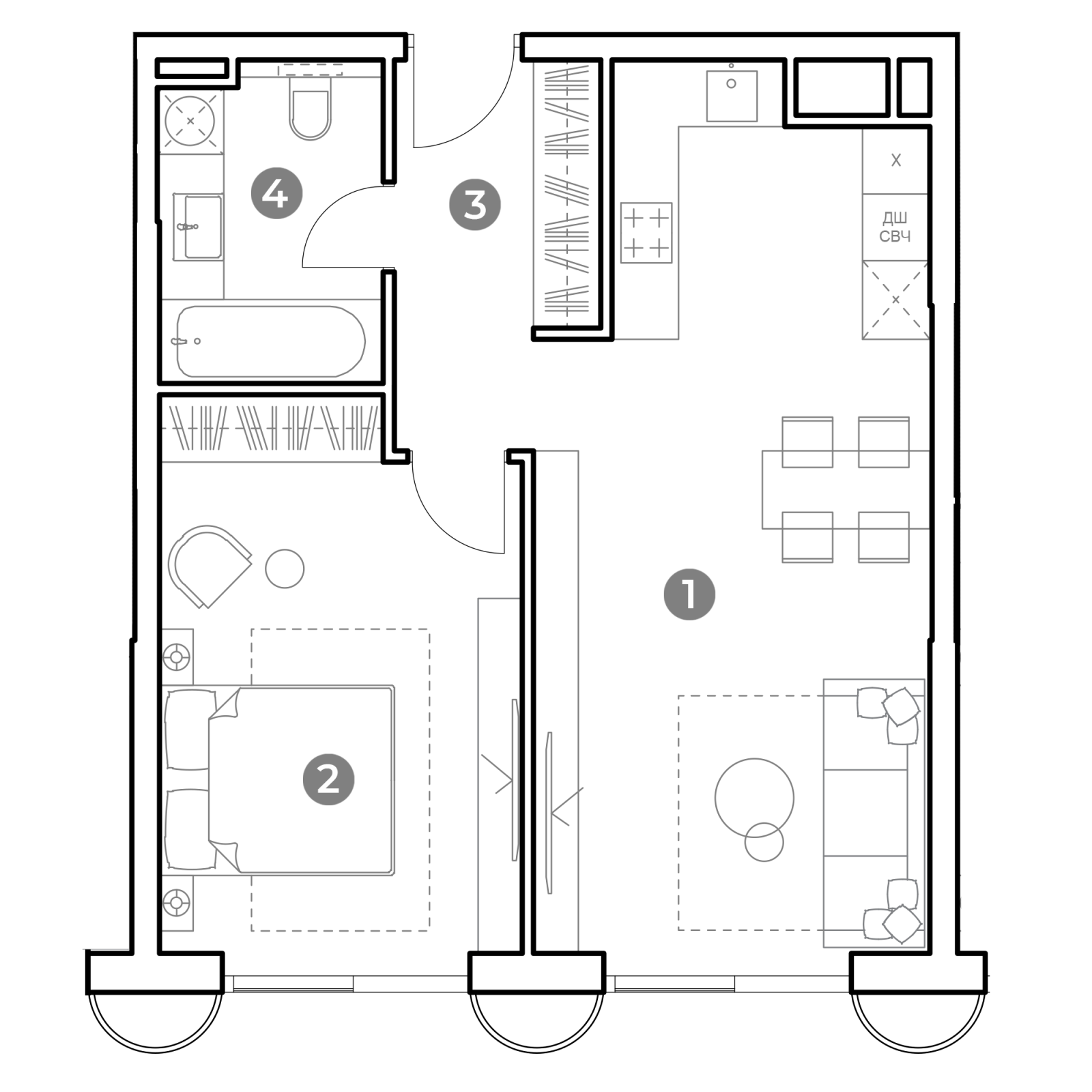 Планировка: 2-комнатная квартира, 54,2 м²