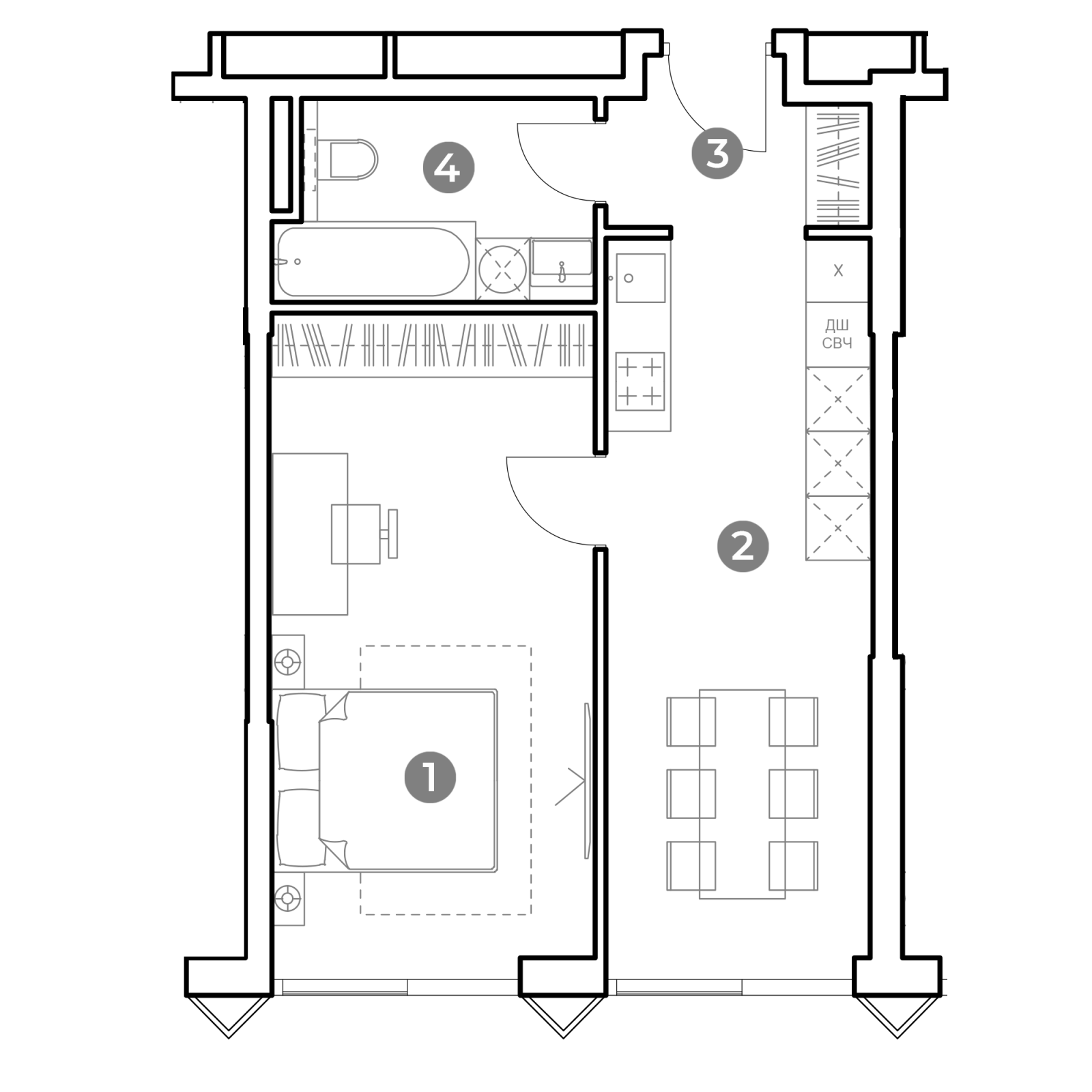 Планировка: 1-комнатная квартира, 44,3 м²