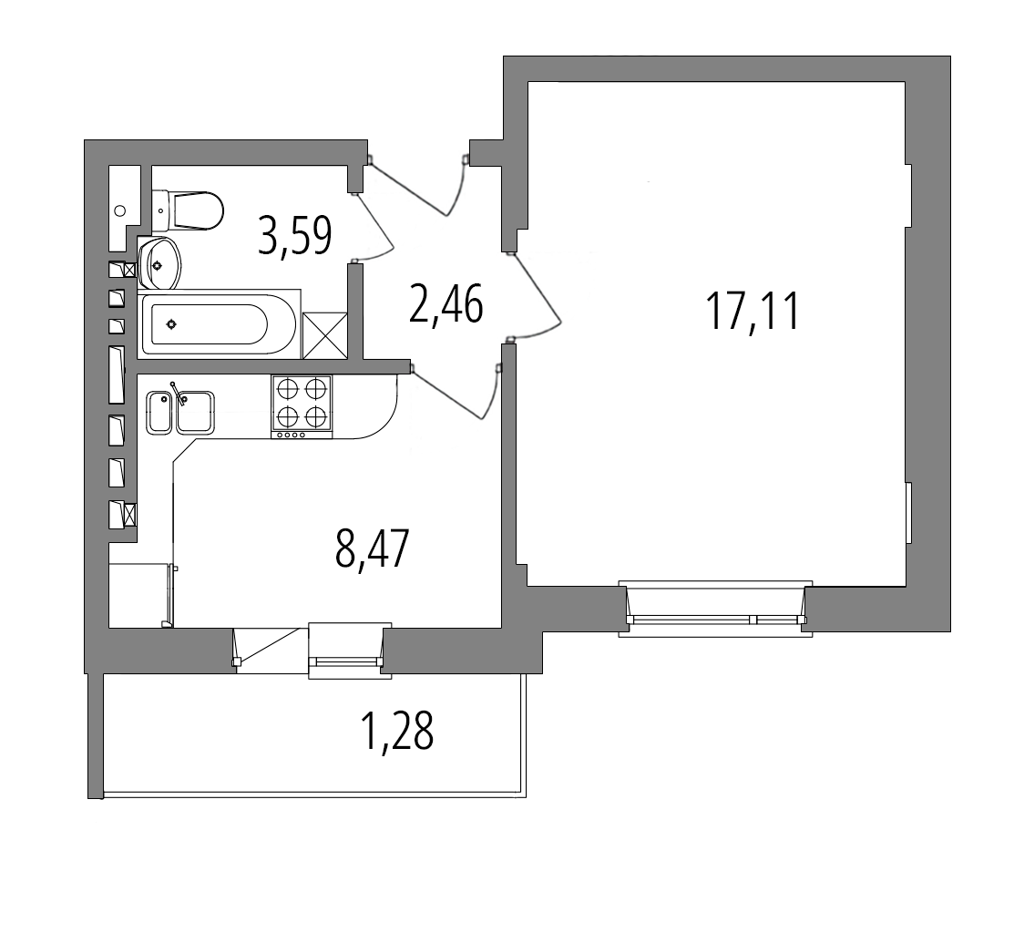 Планировка: 1-комнатная квартира, 32,9 м²