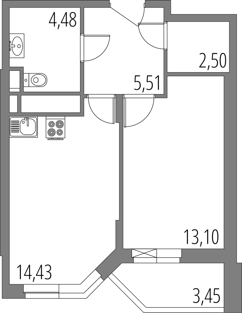 Планировка: 2-комнатная квартира, 41,8 м²