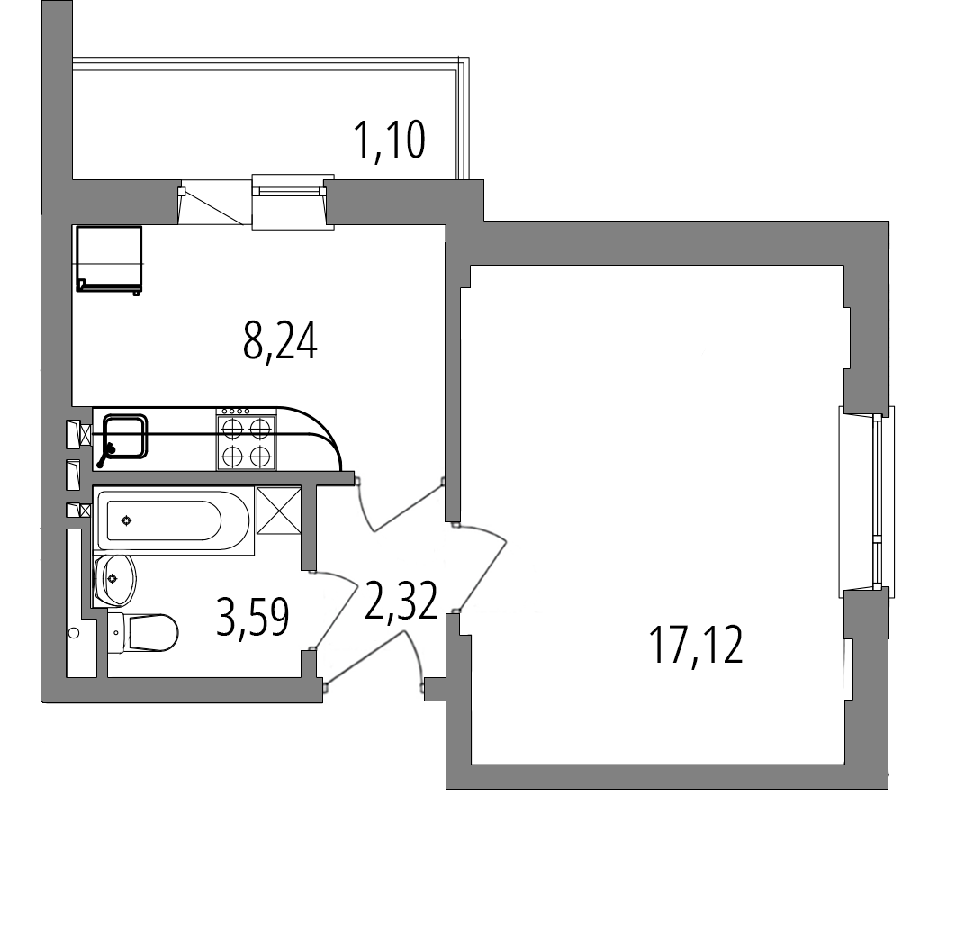 Планировка: 1-комнатная квартира, 32,4 м²