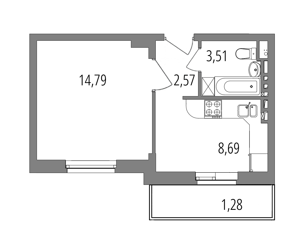 Планировка: 1-комнатная квартира, 30,8 м²