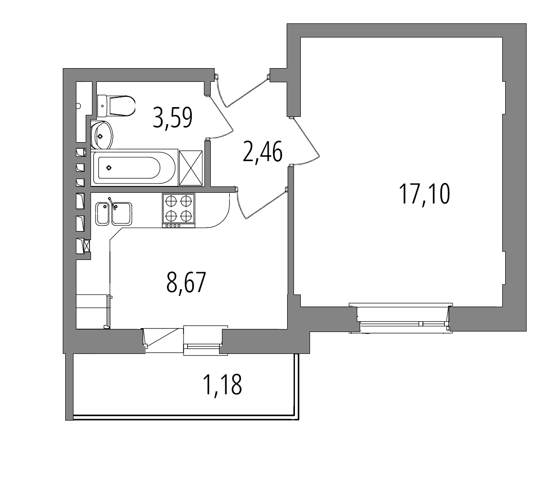 Планировка: 1-комнатная квартира, 33,0 м²