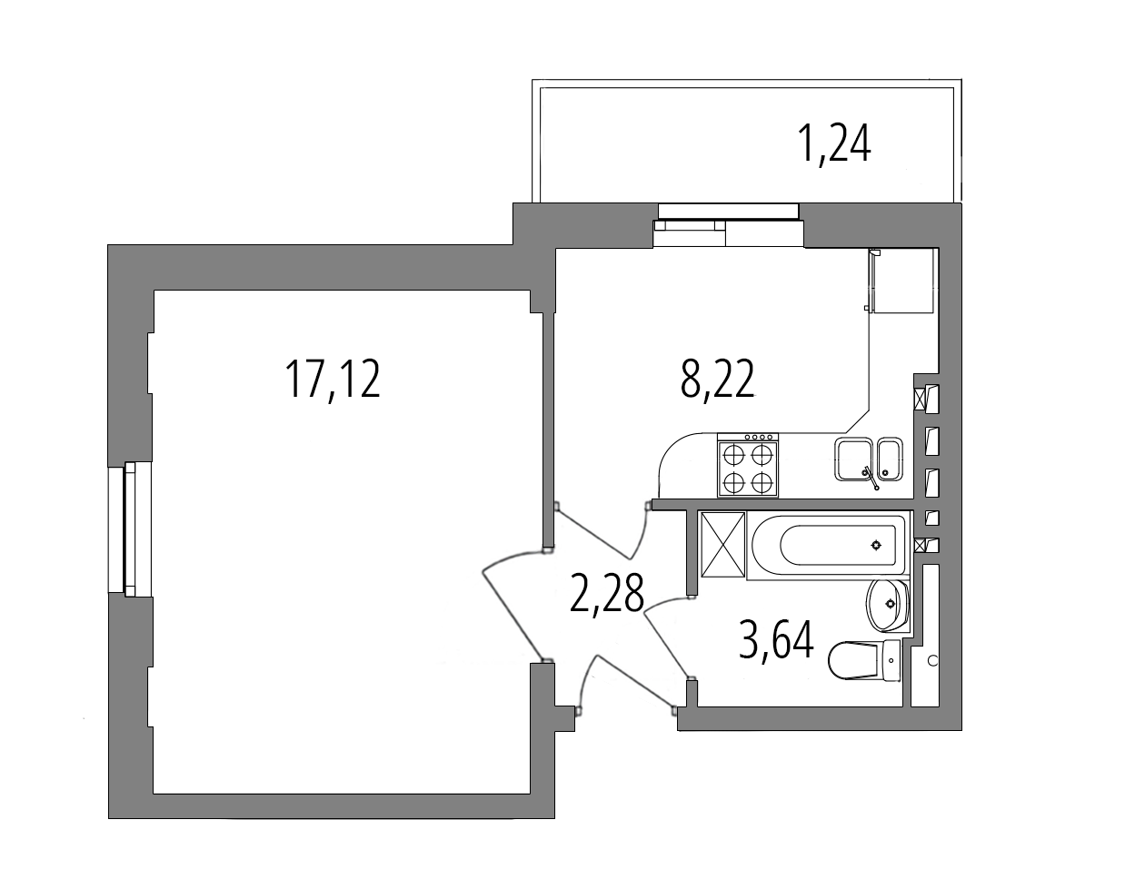 Планировка: 1-комнатная квартира, 32,5 м²