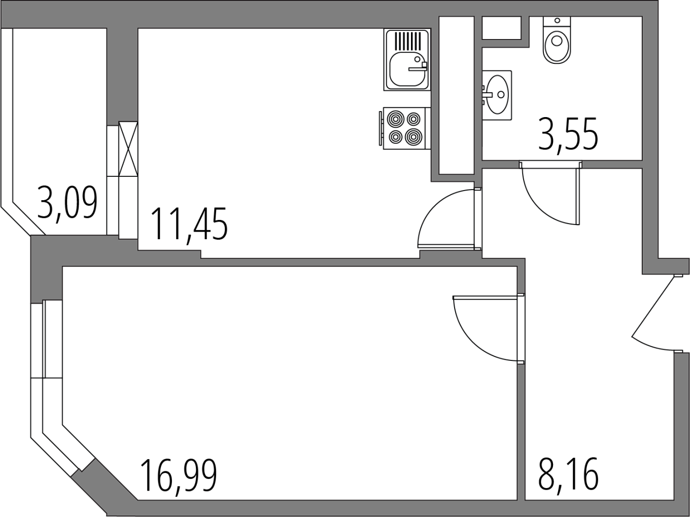 Планировка: 1-комнатная квартира, 41,7 м²