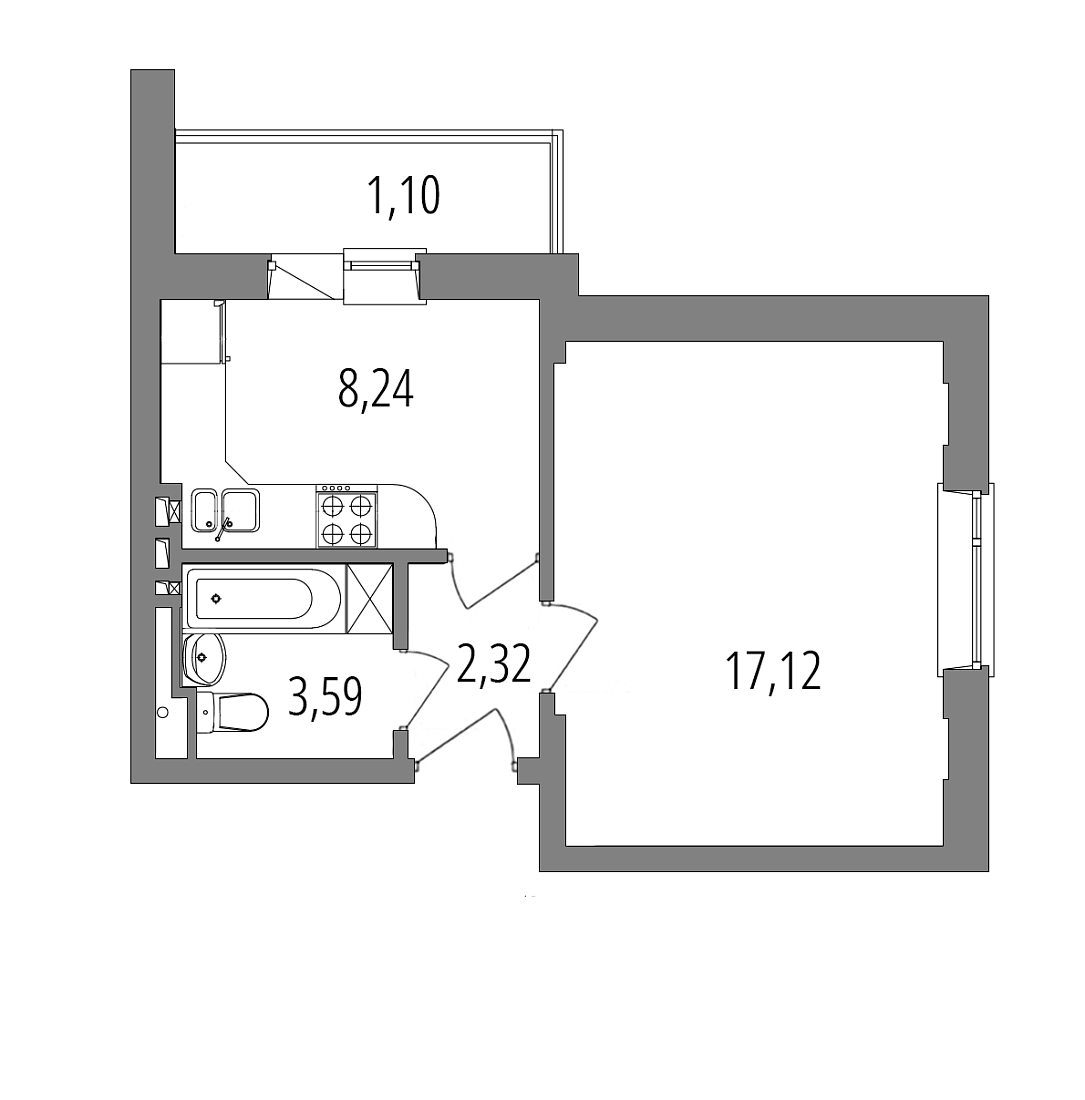 Планировка: 1-комнатная квартира, 32,4 м²