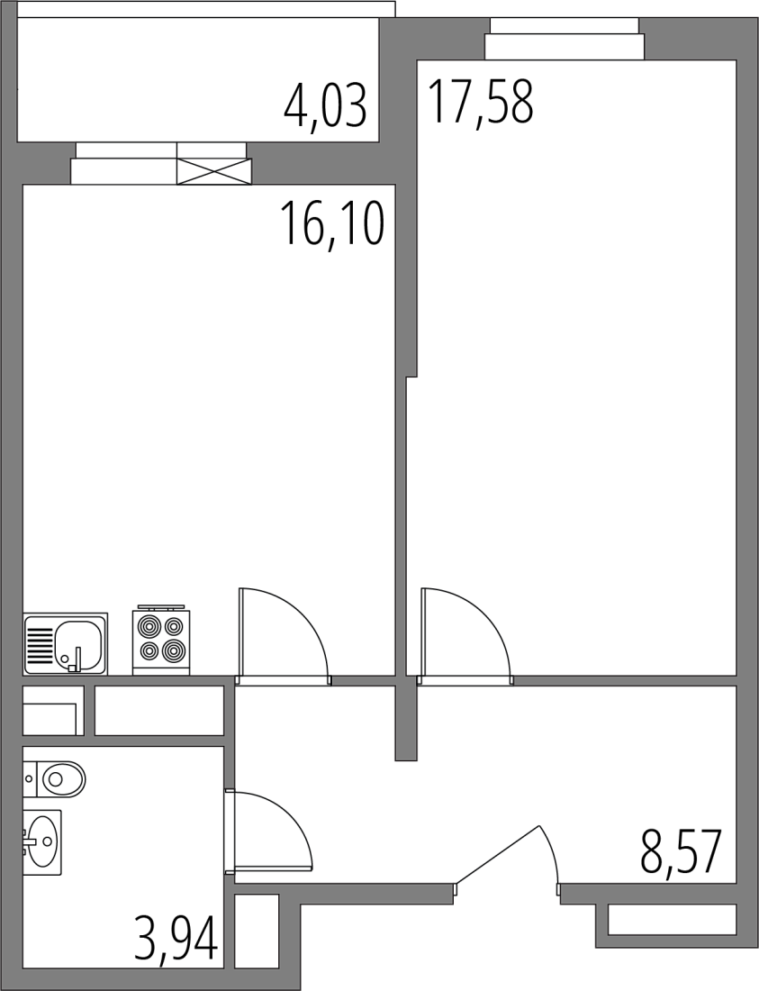 Планировка: 2-комнатная квартира, 48,2 м²