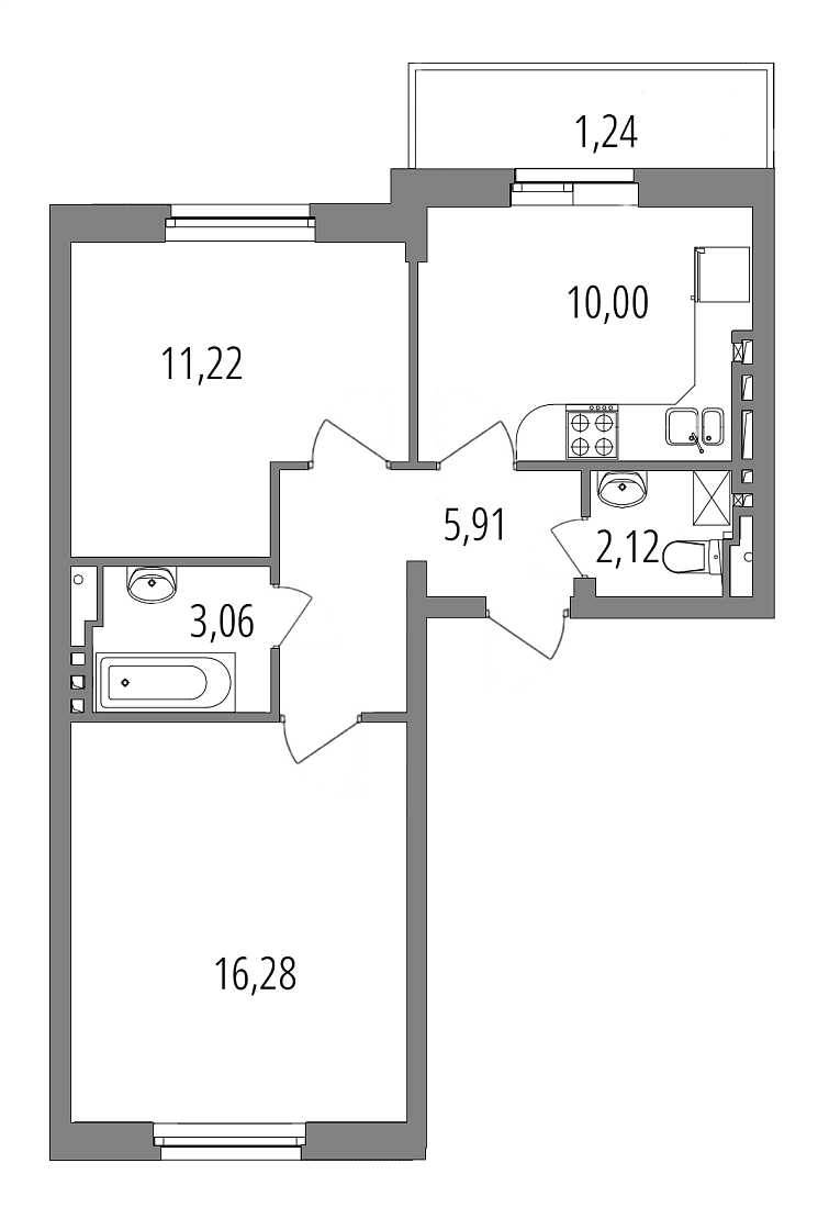 Планировка: 2-комнатная квартира, 49,8 м²