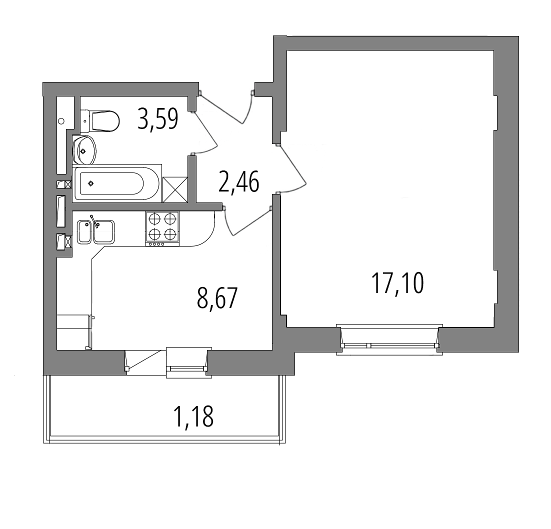 Планировка: 1-комнатная квартира, 33,0 м²