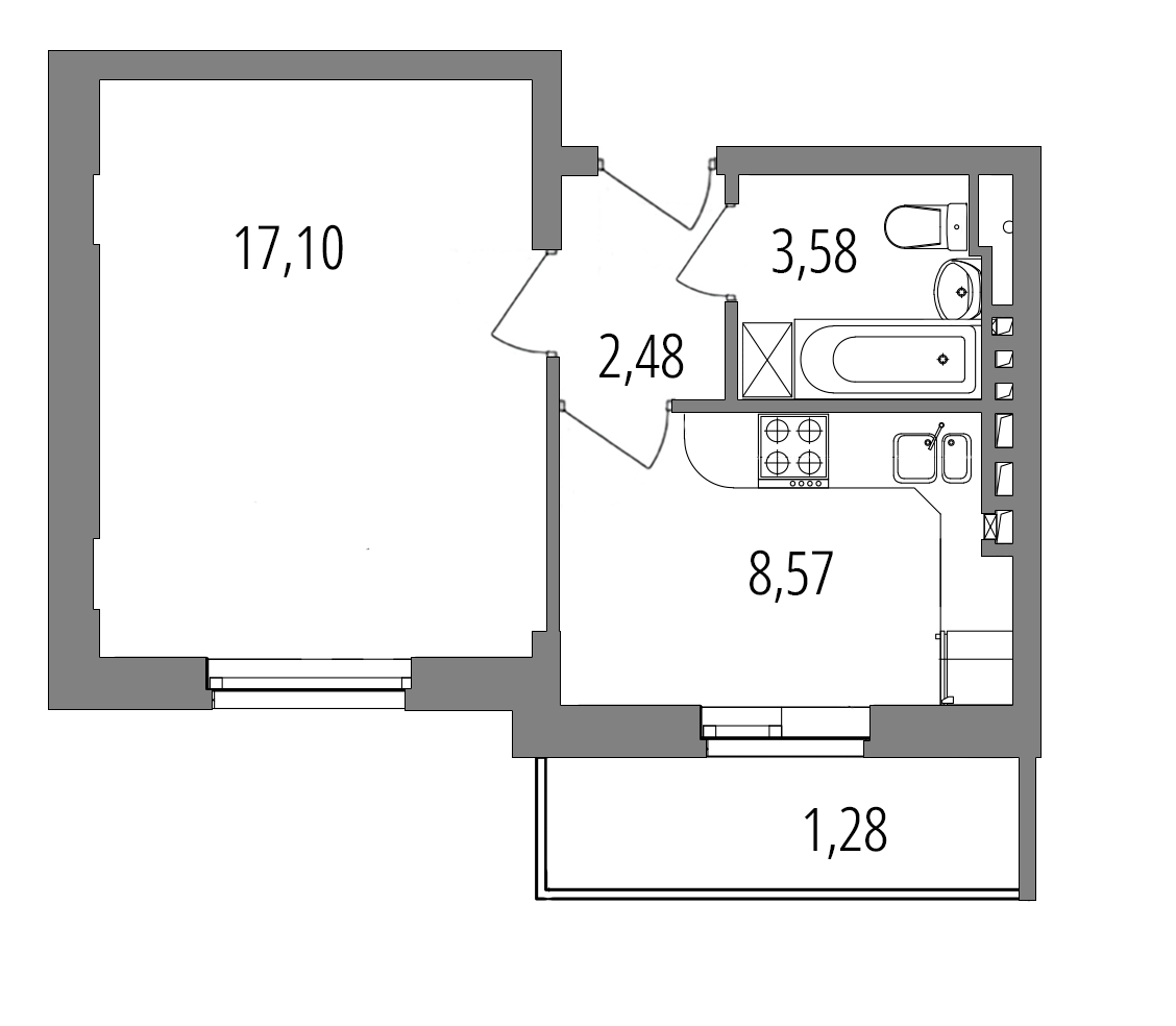 Планировка: 1-комнатная квартира, 33,0 м²