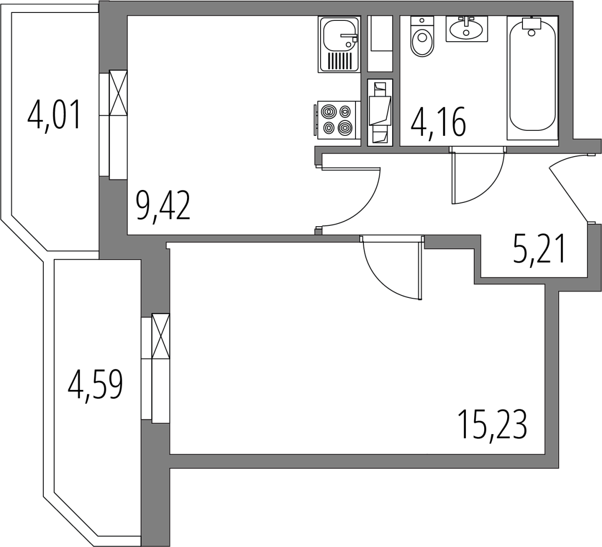 Планировка: 1-комнатная квартира, 38,3 м²