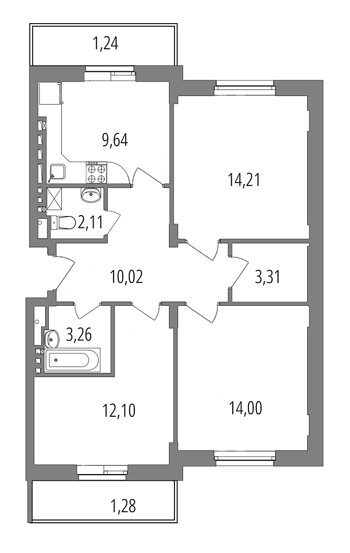 Планировка: 3-комнатная квартира, 71,2 м²