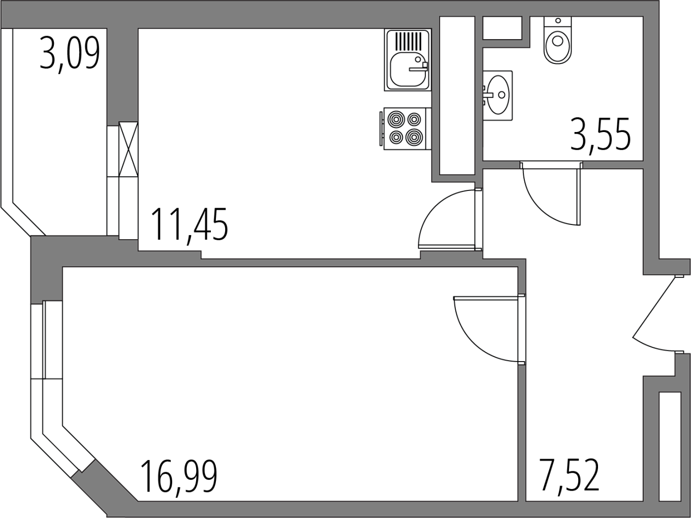 Планировка: 1-комнатная квартира, 41,1 м²