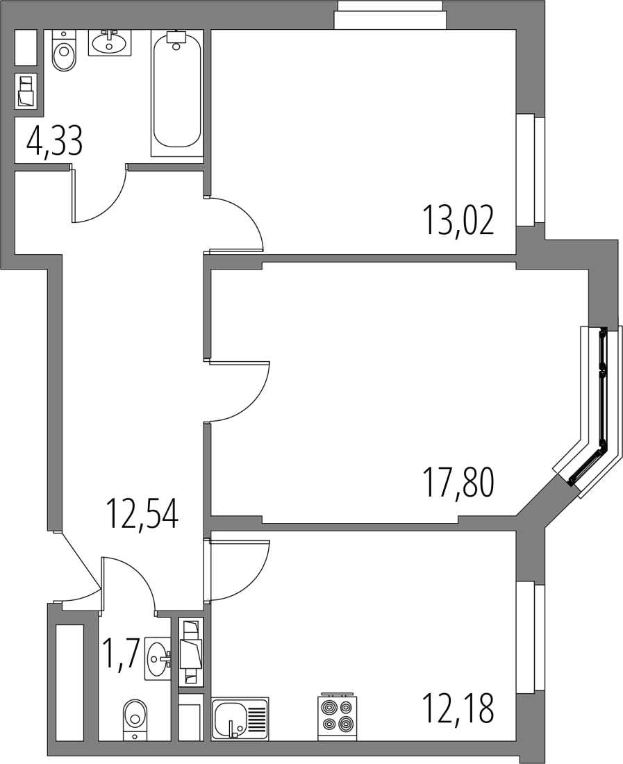 Планировка: 2-комнатная квартира, 61,6 м²