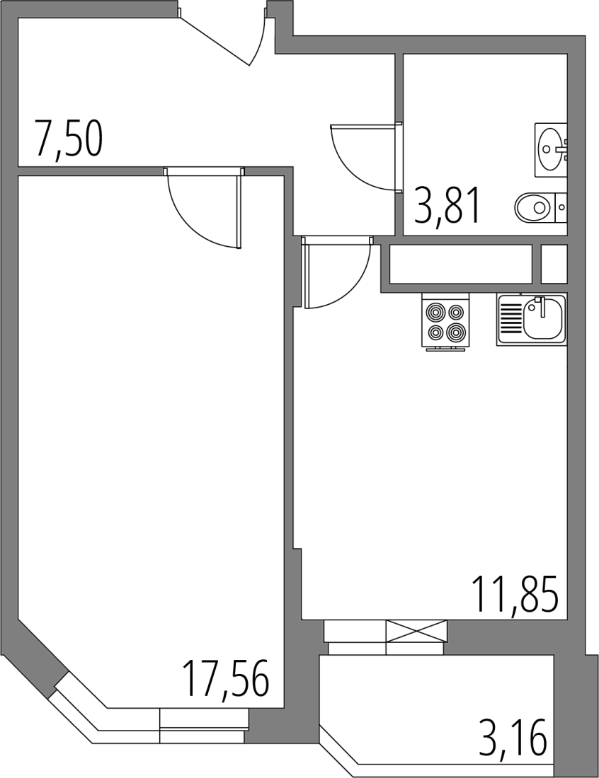 Планировка: 1-комнатная квартира, 42,3 м²