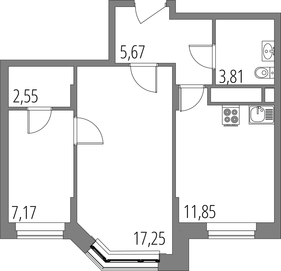 Планировка: 2-комнатная квартира, 48,3 м²