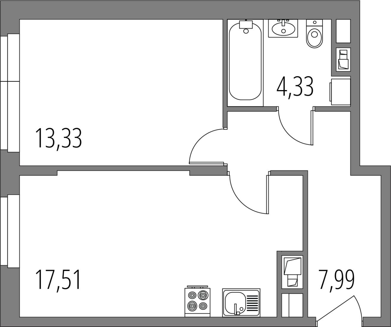 Планировка: 2-комнатная квартира, 43,2 м²