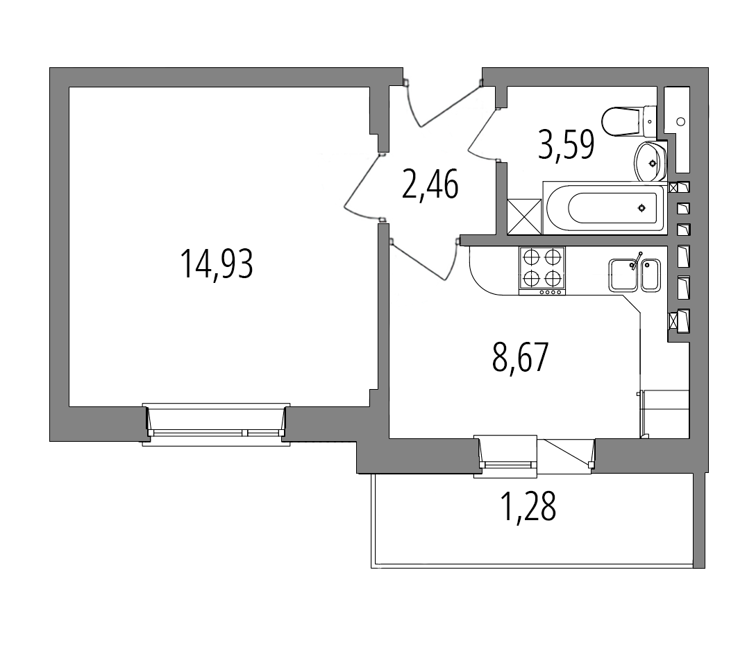 Планировка: 1-комнатная квартира, 30,9 м²
