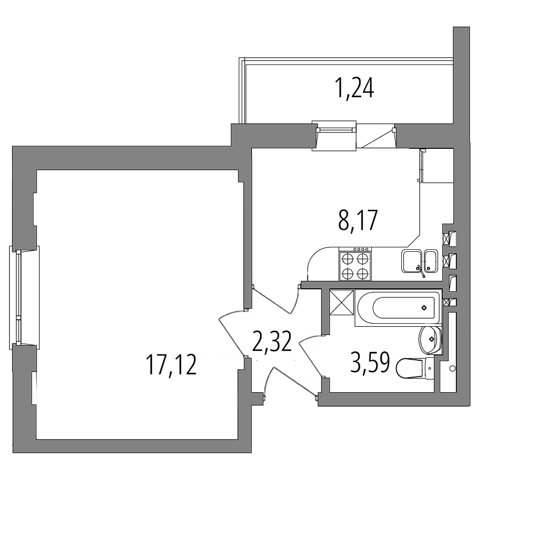 Планировка: 1-комнатная квартира, 32,4 м²