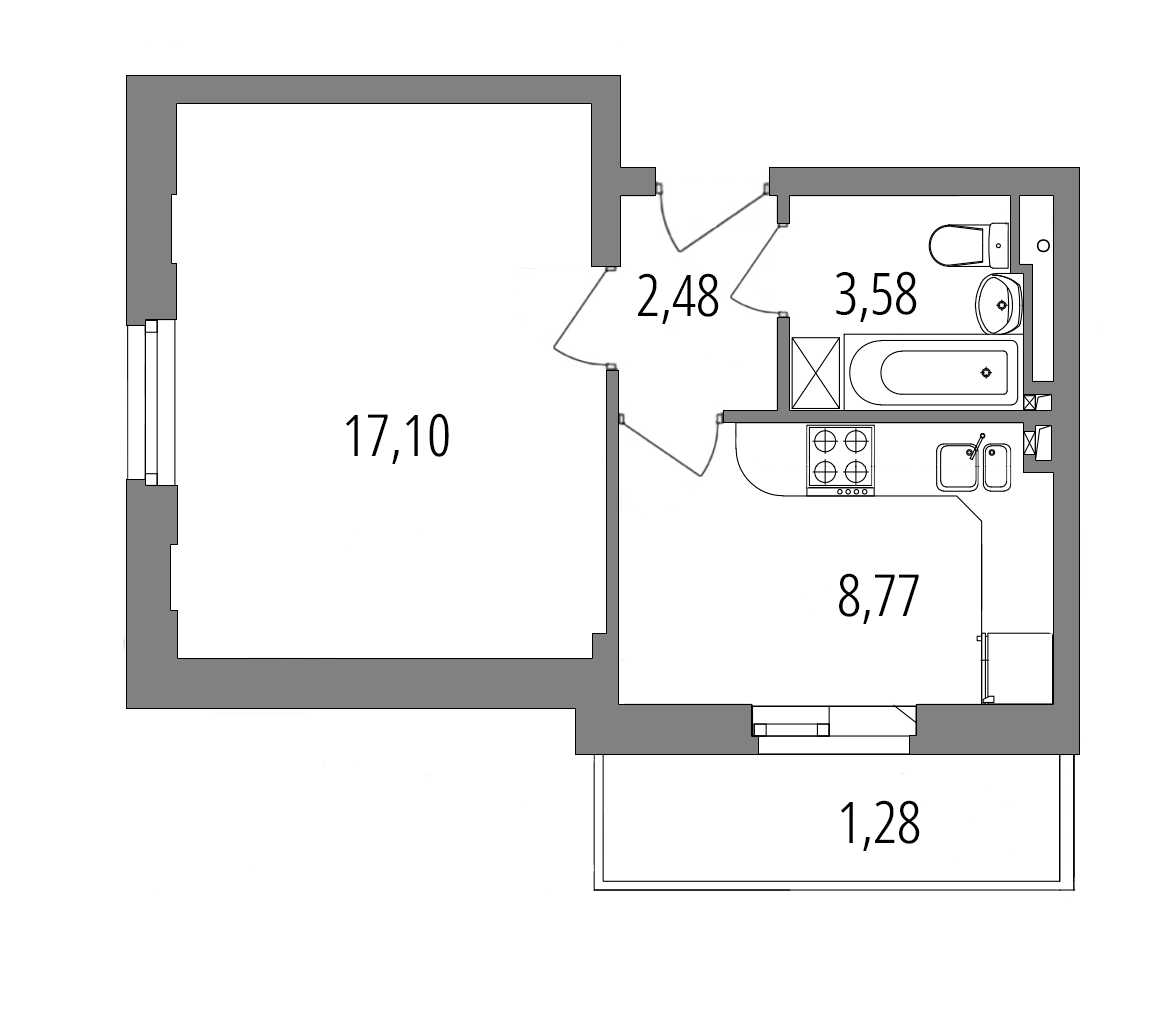 Планировка: 1-комнатная квартира, 33,2 м²