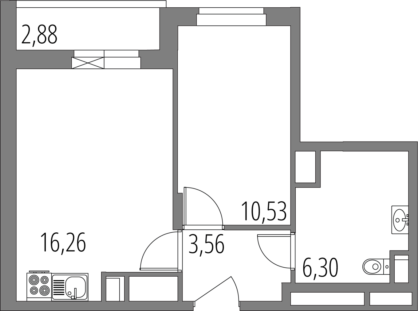 Планировка: 2-комнатная квартира, 38,1 м²
