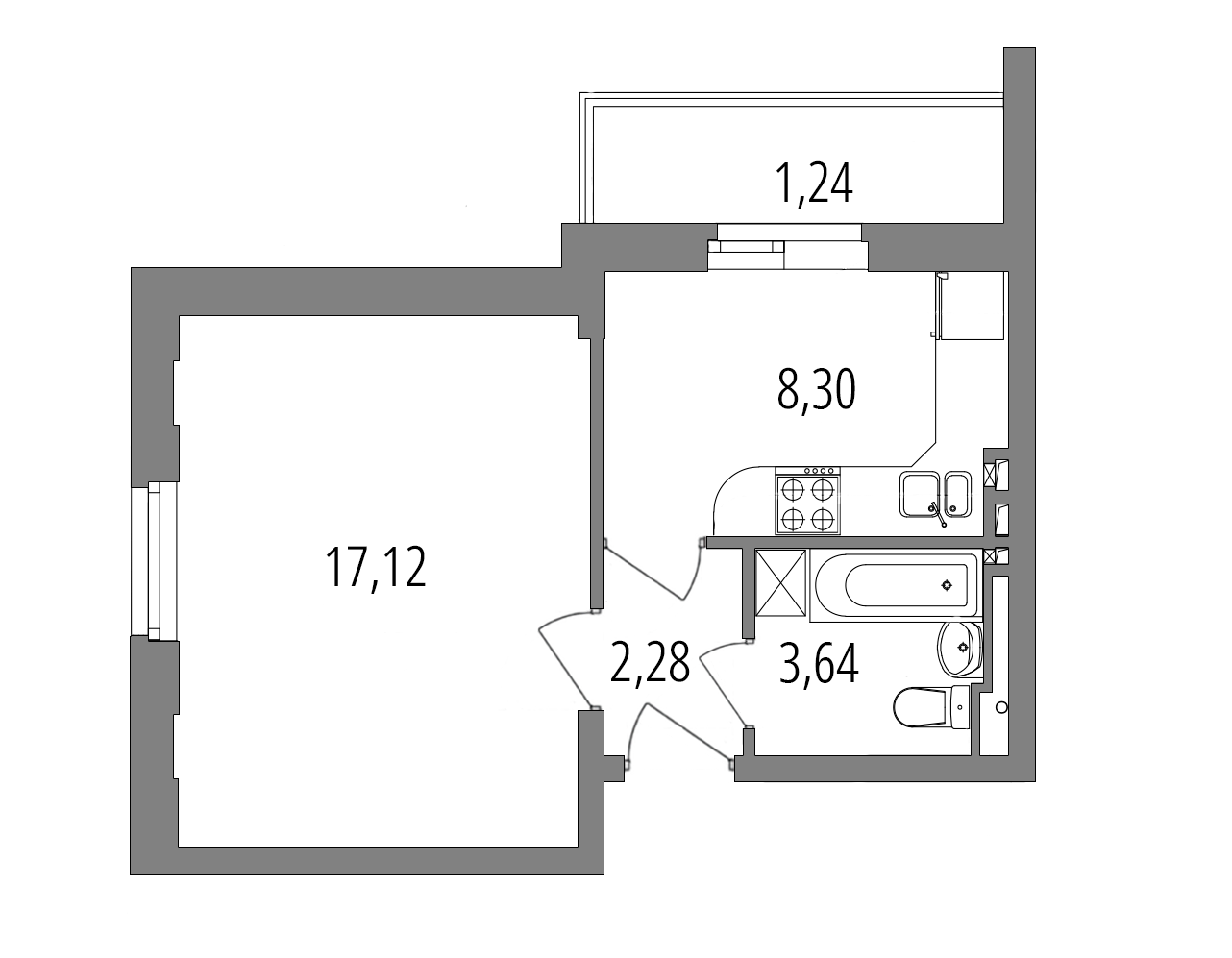 Планировка: 1-комнатная квартира, 32,6 м²